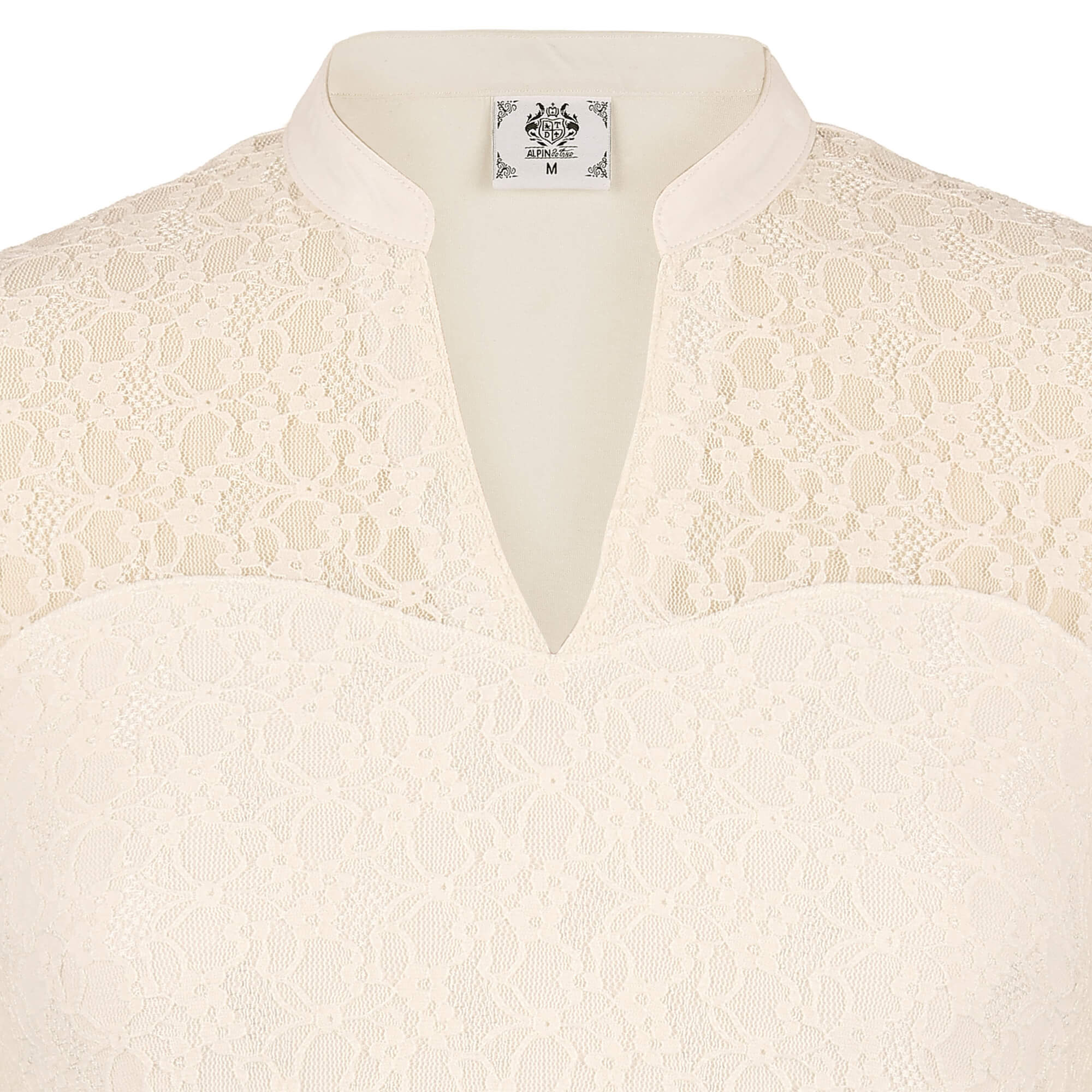 Detailansicht vom V-Ausschnitt mit Stehkragen des Damen Langarm Bodys "Luisa" in der Farbe Skin