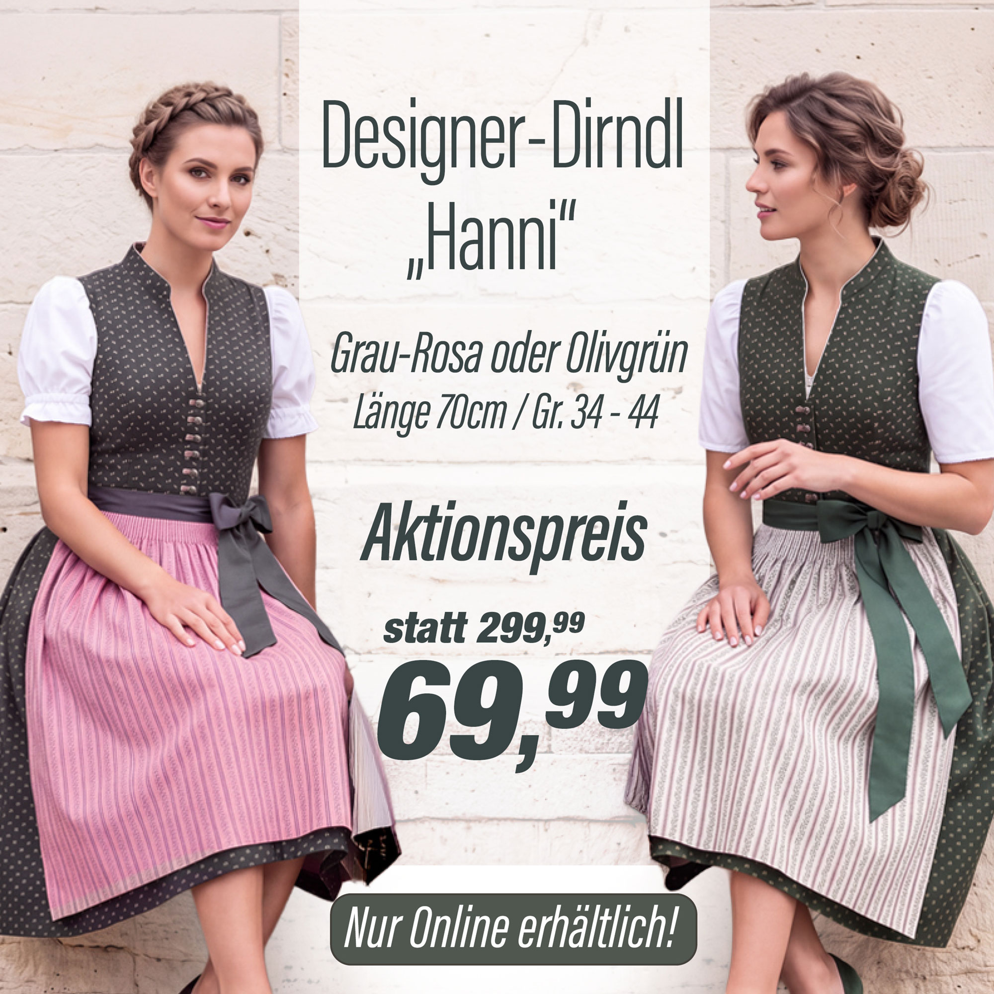 Zwei Damen, sitzend,  mit hübschen Designer-Dirndl "Hanni" vor einem Gebäude