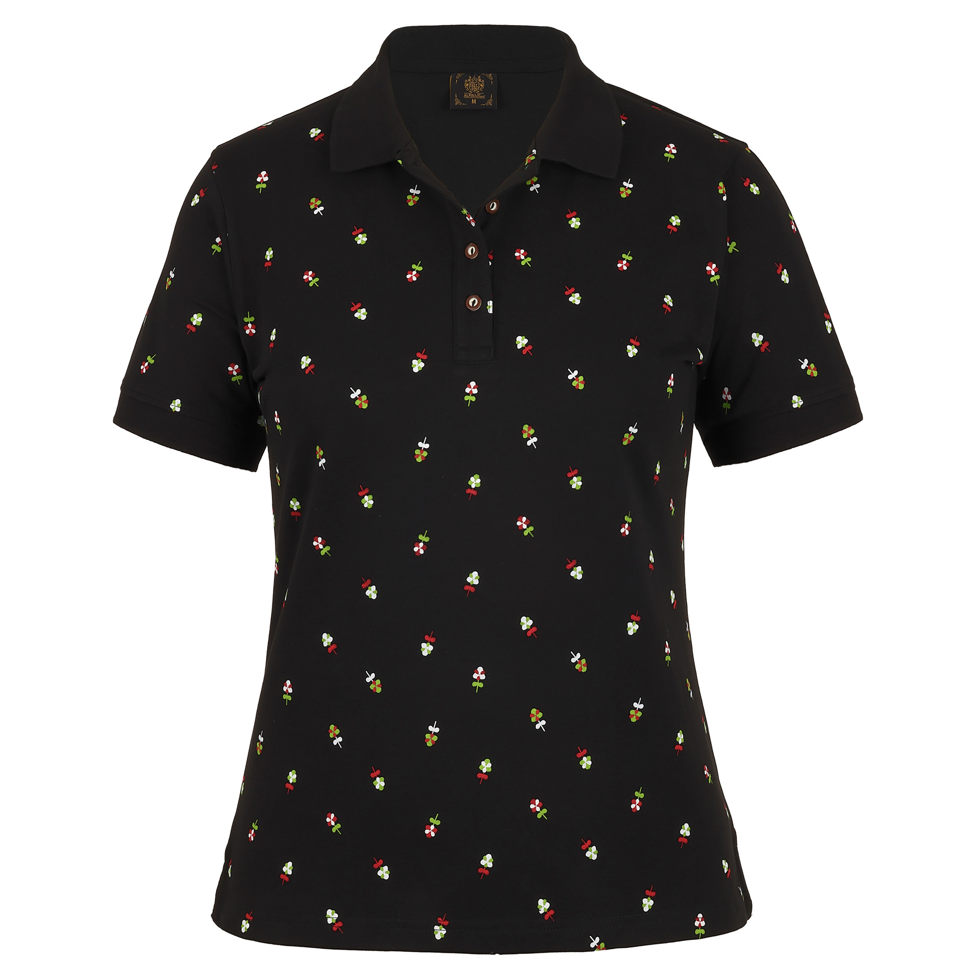Vorderansicht des Damen Blümchen-Druck Polo "Kärnten" in der Farbe Schwarz