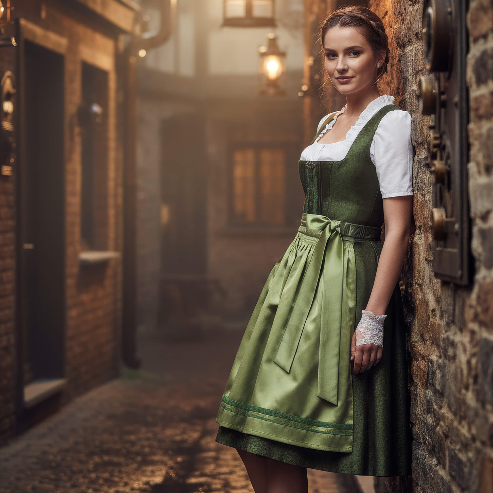 Schickes, dunkelgrünes Dirndl mit hellgrüner Schürze und weißer Bluse, getragen von einem Model