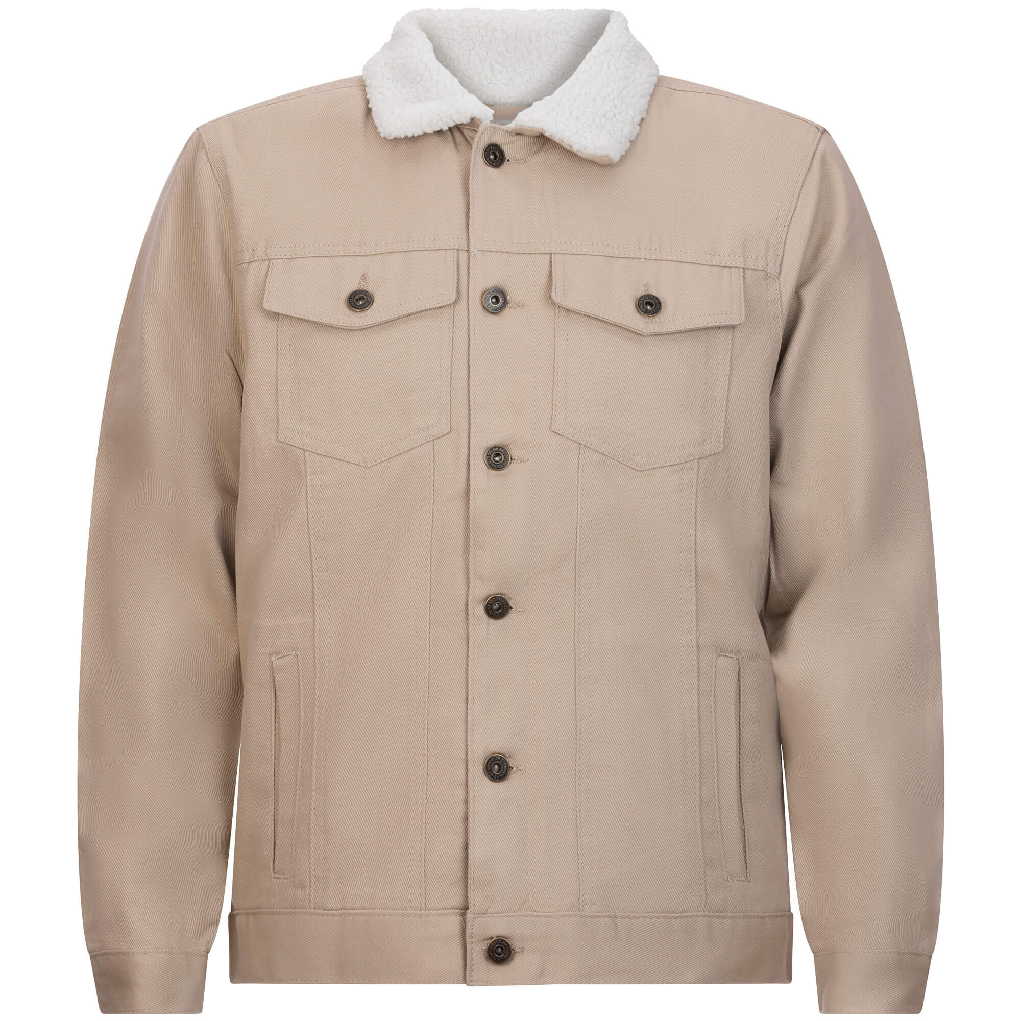 Vorderansicht der Herren Twilljacke mit Teddyfutter, in der Farbe Khaki
