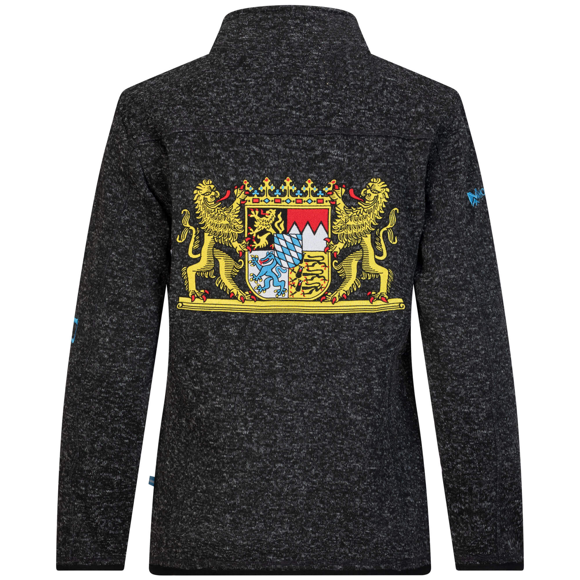 Rückansicht der Damen Strickfleece Jacke "Bayern", in der Farbe Anthrazit, mit großer Wappen Stickerei