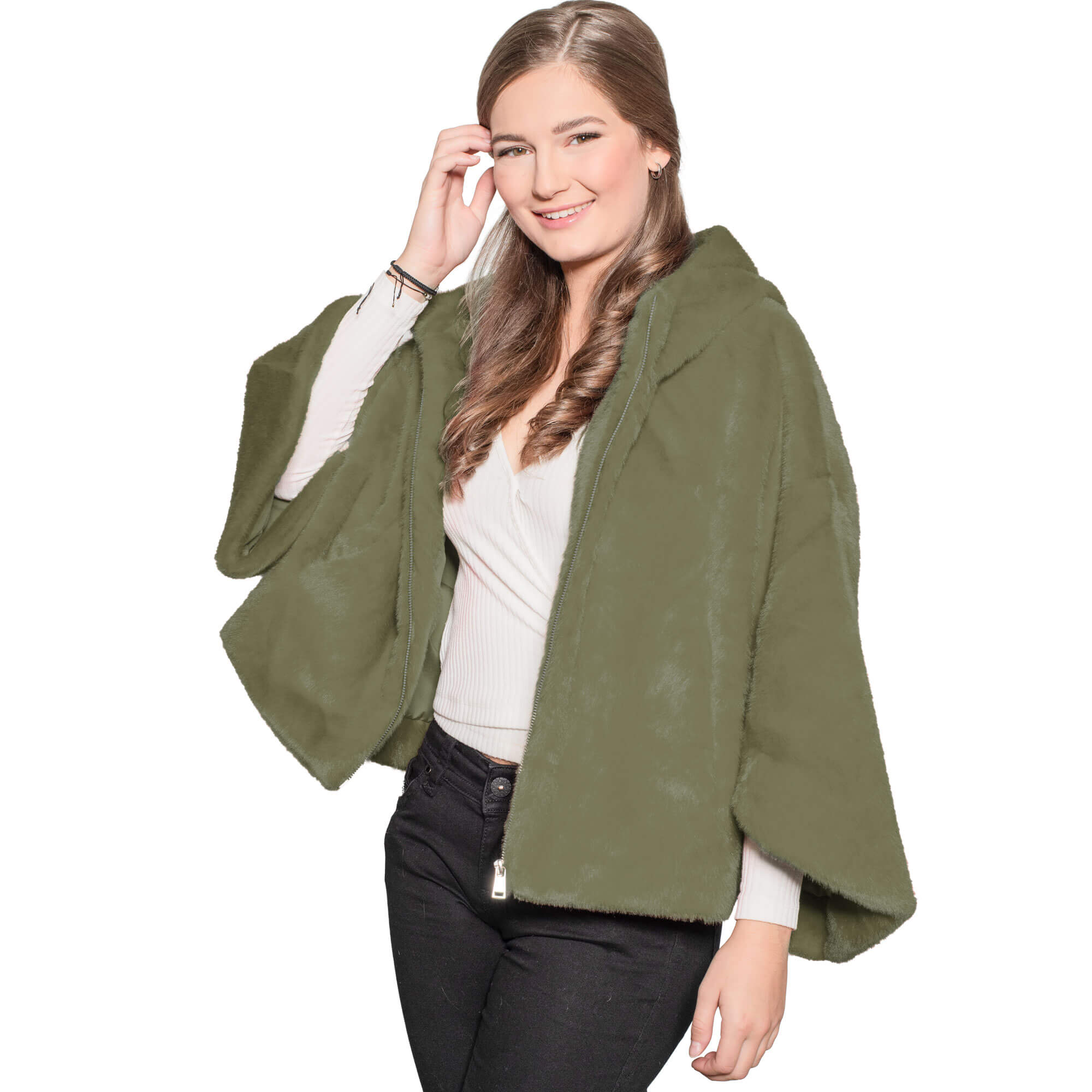 Vorderansicht der Damen Kuscheljacke "Penelope", in der Farbe Olive