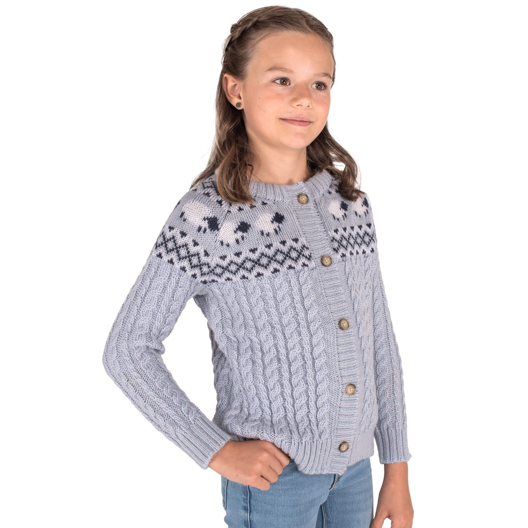 Ansicht der Kinder Strickjacke "Shawn", mit Model, in der Farbe Hellblau