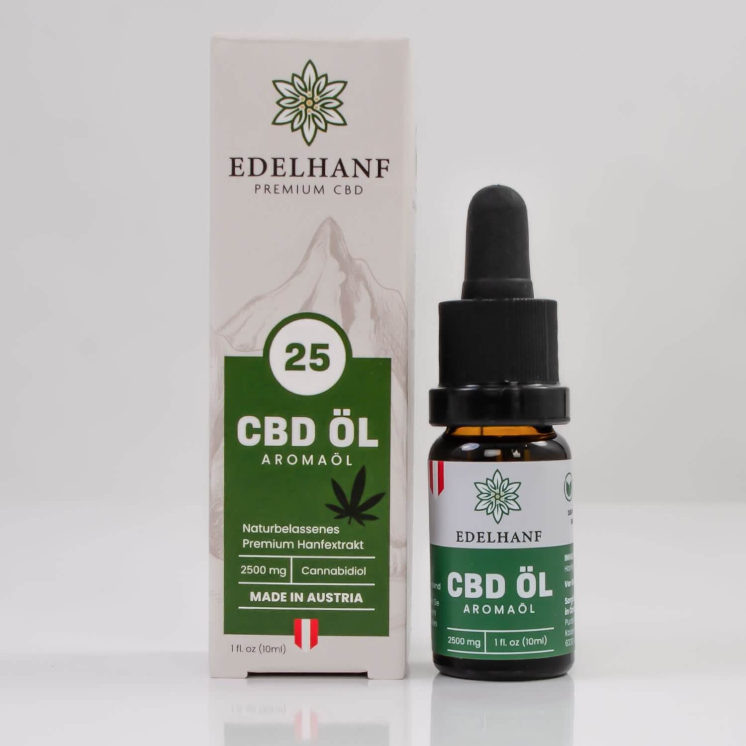 Vorderansicht des Edelhanf CBD Öls 25% in einer 10ml Glasflasche