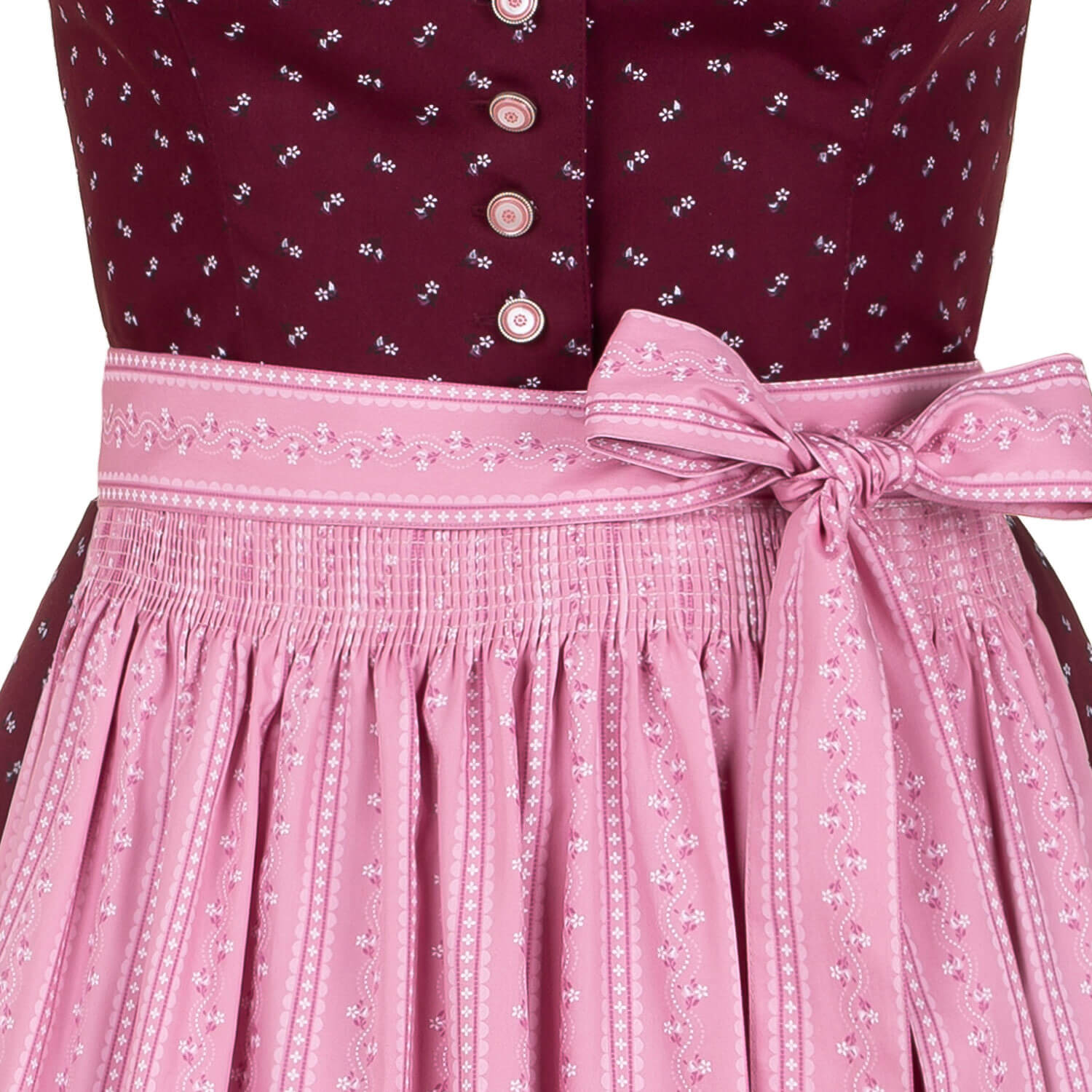 Detailansicht von der Schürze des Damen Dirndls "Melanie" in der Farbe Beere-Rosa