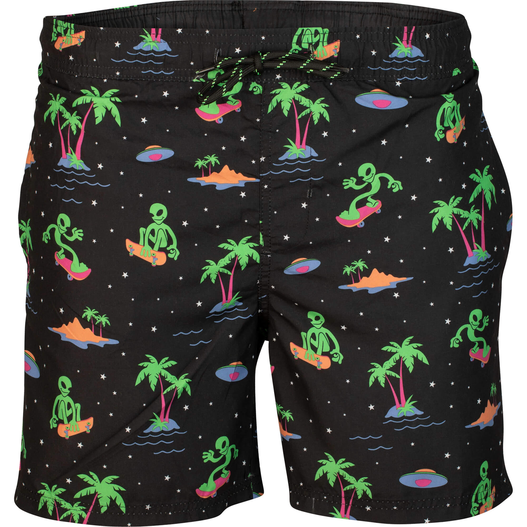 Vorderansicht Badehose Holiday, in der Farbe Schwarz, mit grünen Aliens bedruckt