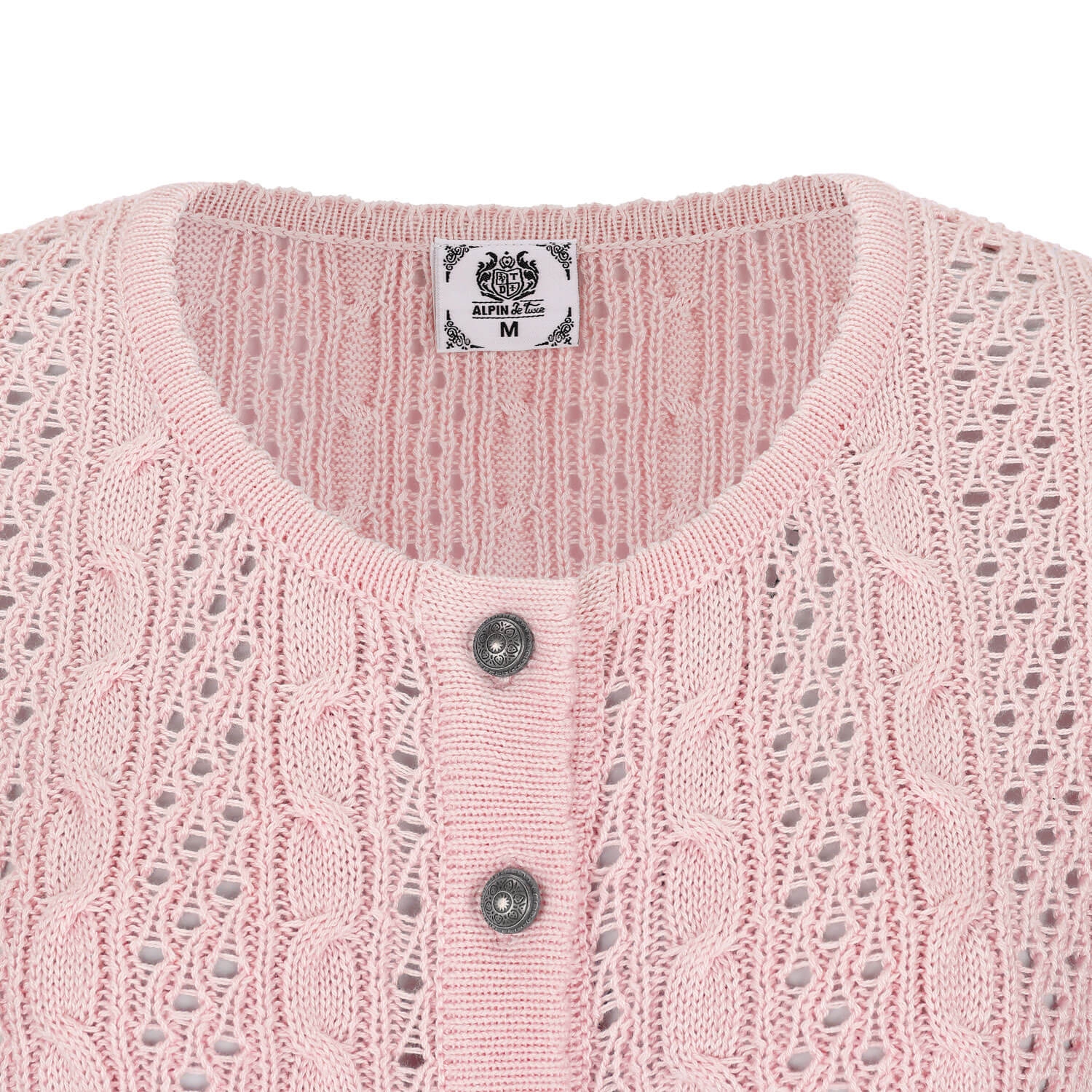 Vorderansicht der Damen Strickjacke "Elisabeth", in der Farbe Rosa, Detail Material oben