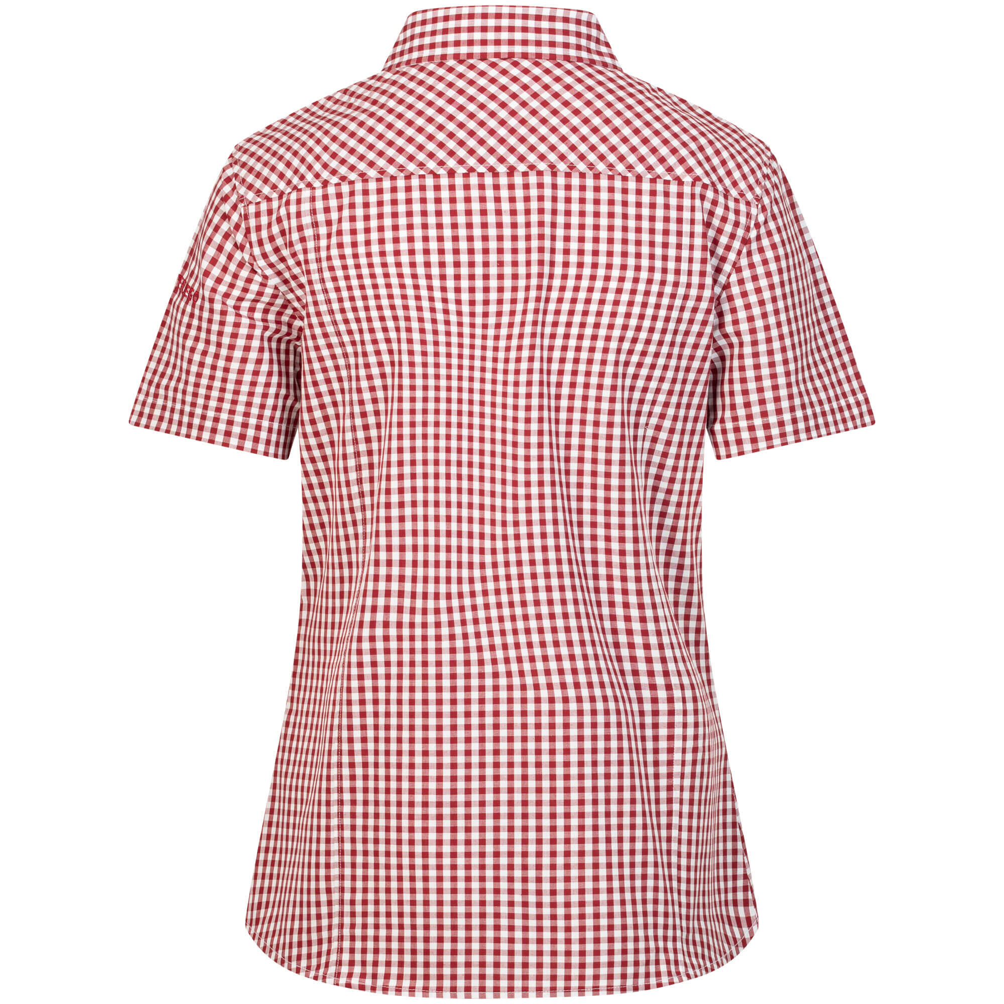 Rückansicht der Damen Bluse "Austria", mit kurzem Arm, in der Farbe Dunkelrot-Weiß Kariert, mit kleiner Adler Stickerei