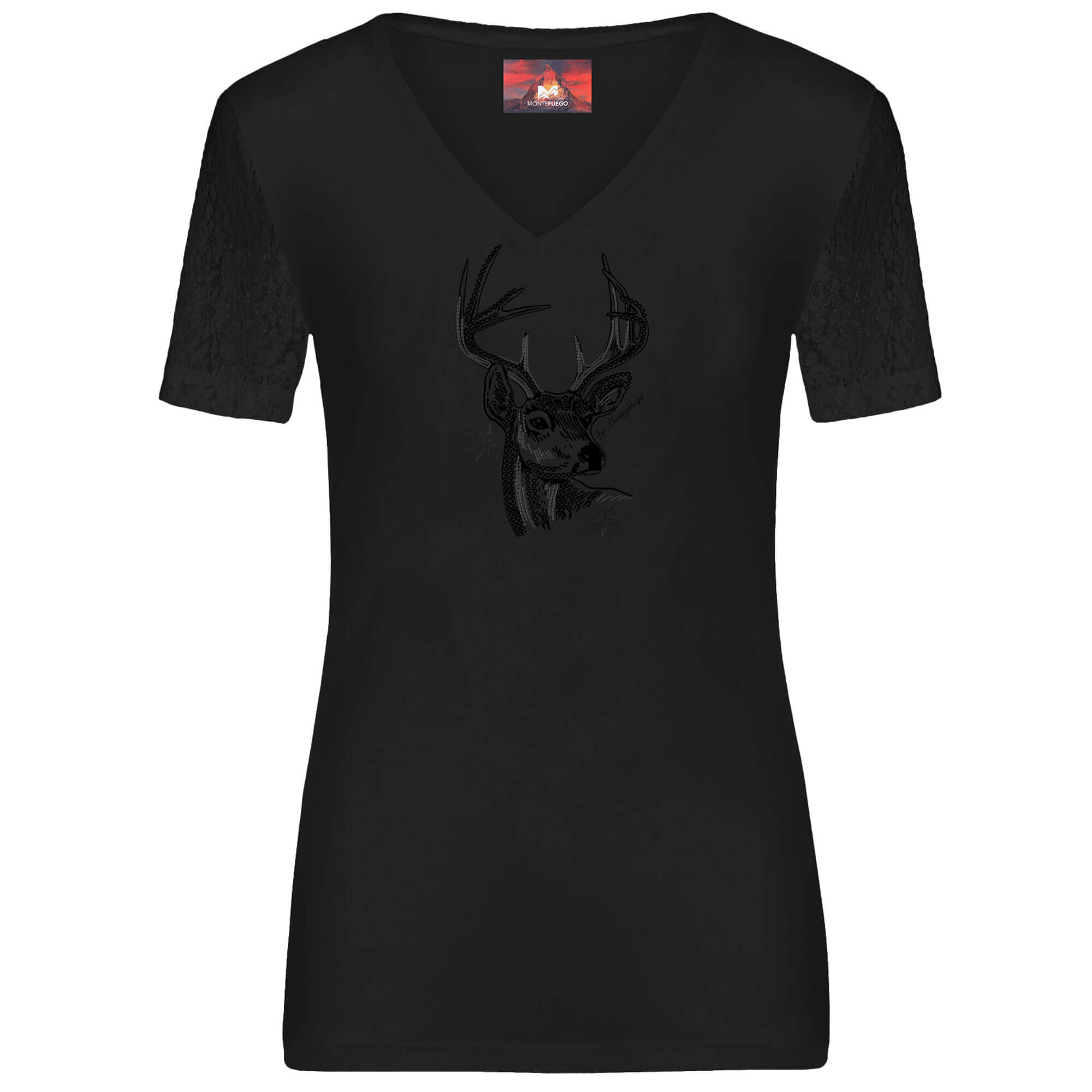 Vorderansicht des Damen T-Shirts "Reh" in der Farbe Schwarz