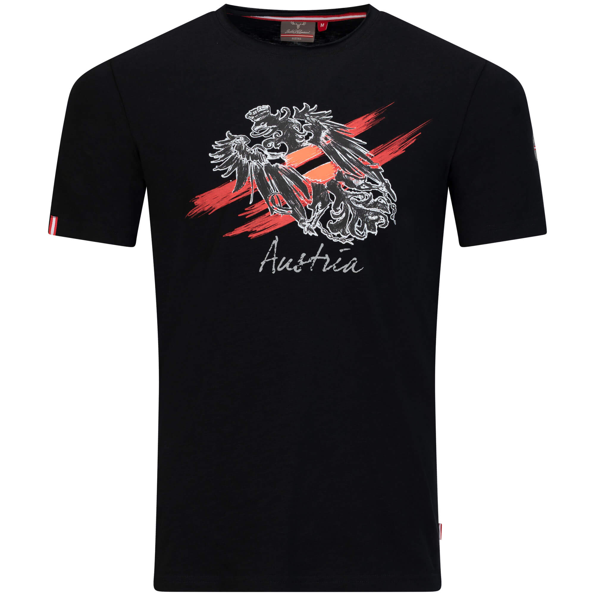 Vorderansicht des Herren T-Shirt "Austria", in der Farbe Schwarz, mit Austria Schriftzug, Roten Streifen und Adler