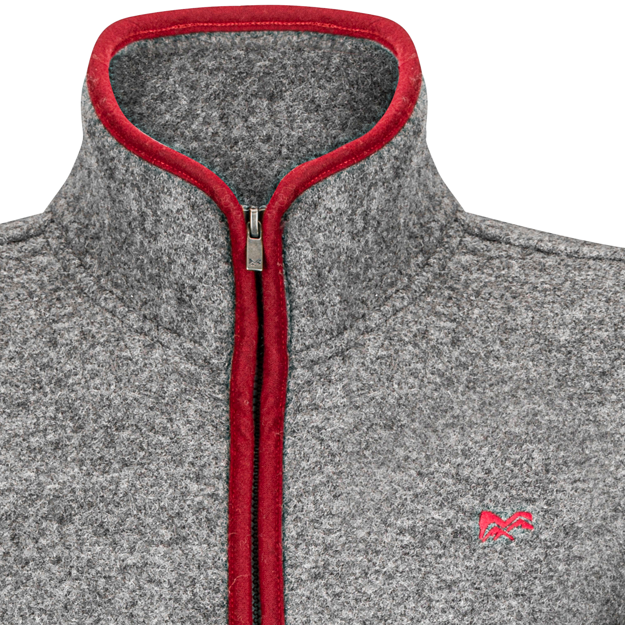 Detailansicht der Herren Wolljacke "Paul", in der Farbe Grau mit roten Akzenten