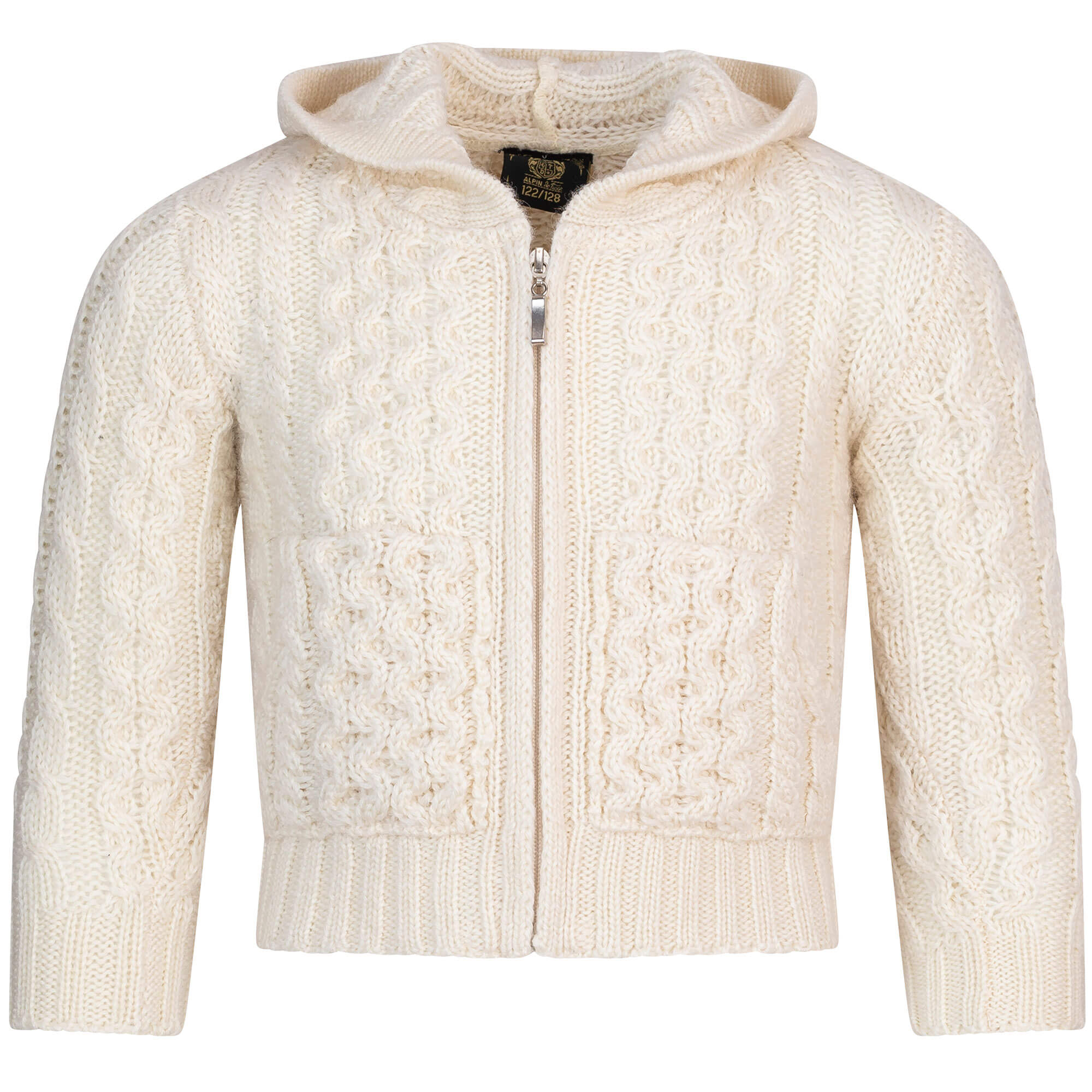 Vorderansicht Rückansicht der Merino Kinder Strickjacke "Finn", in der Farbe Ecru