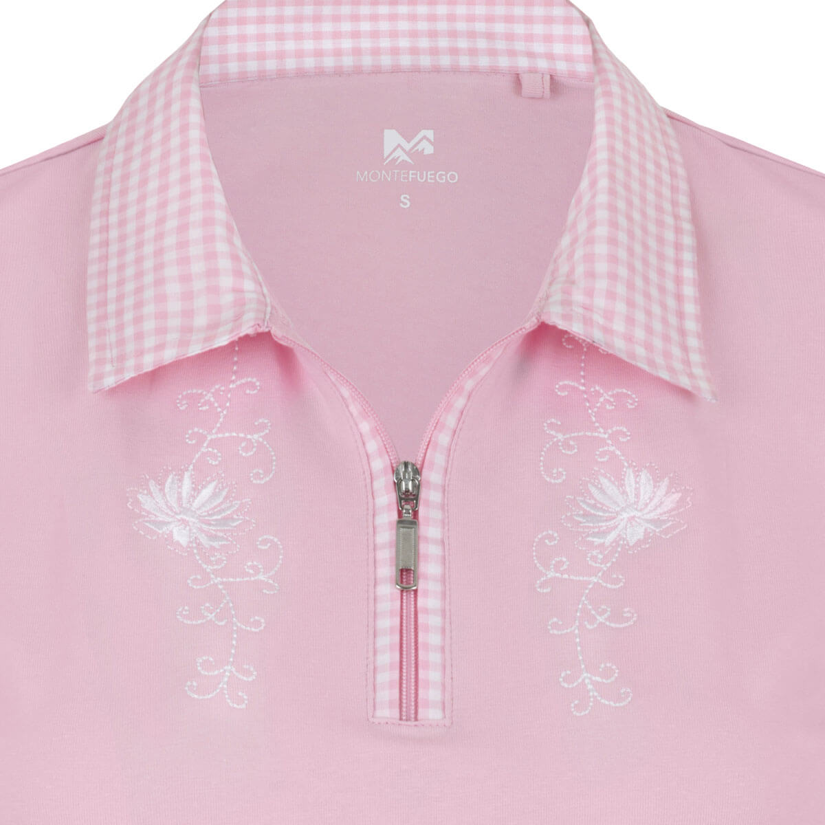 Detailansicht des Kragen mit Reißverschluss Vorne des Damen Polo "Isabella" in der Farbe Rosa