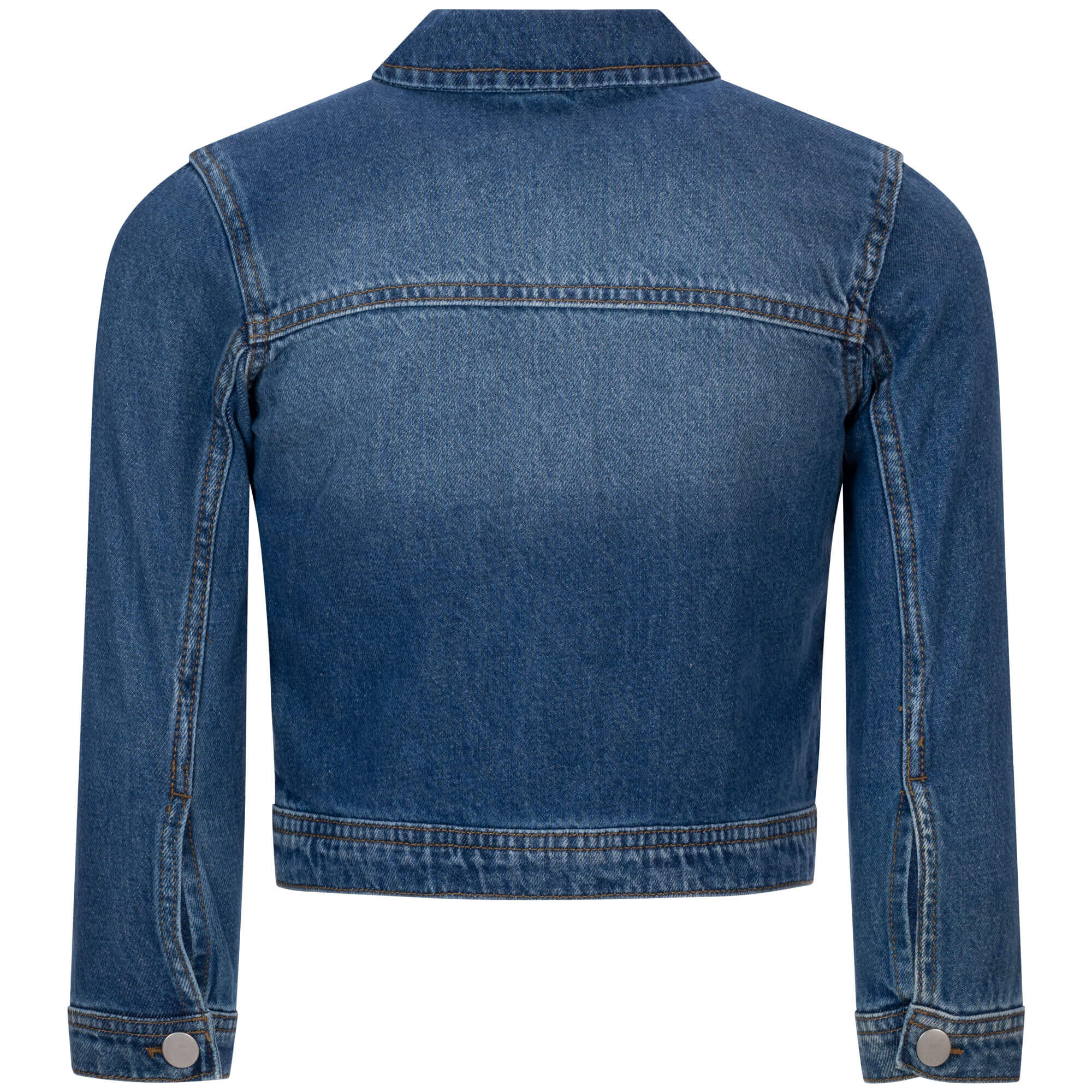 Rückansicht der Mädchen Jeans Jacke mit bunten Stickereien