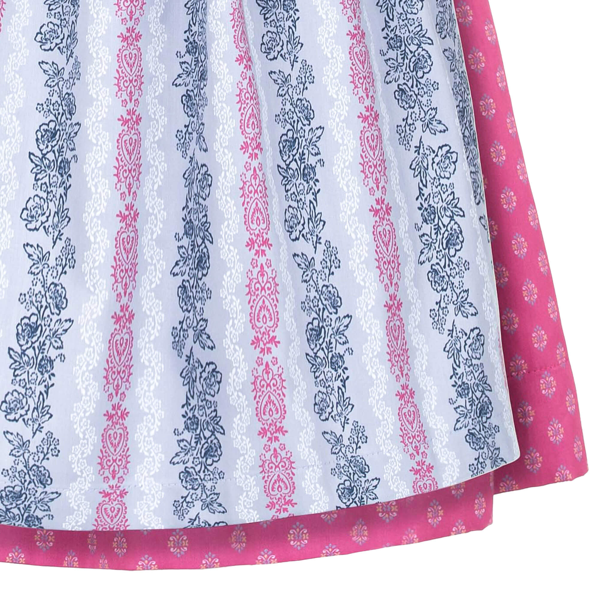 Vorderansicht des Kinder Dirndls "Milli", in der Farbe  Hellblau und Rosa, Detail Schurz