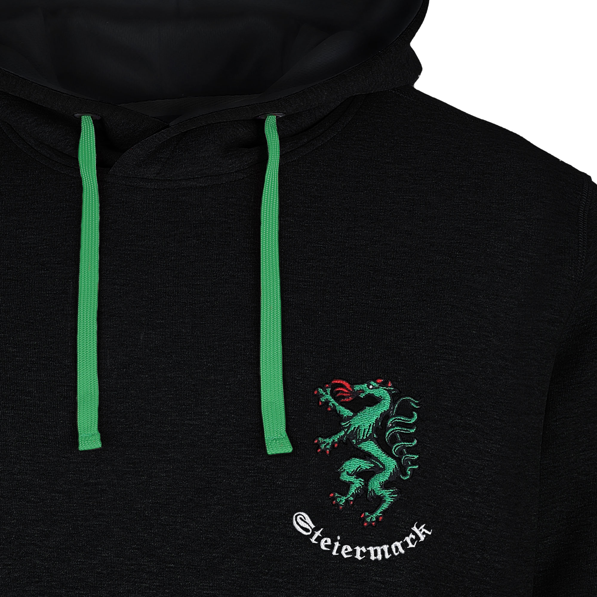 Vorderansicht des Herren Hoodies "Steiermark", in der Farbe Schwarz, Detail oben