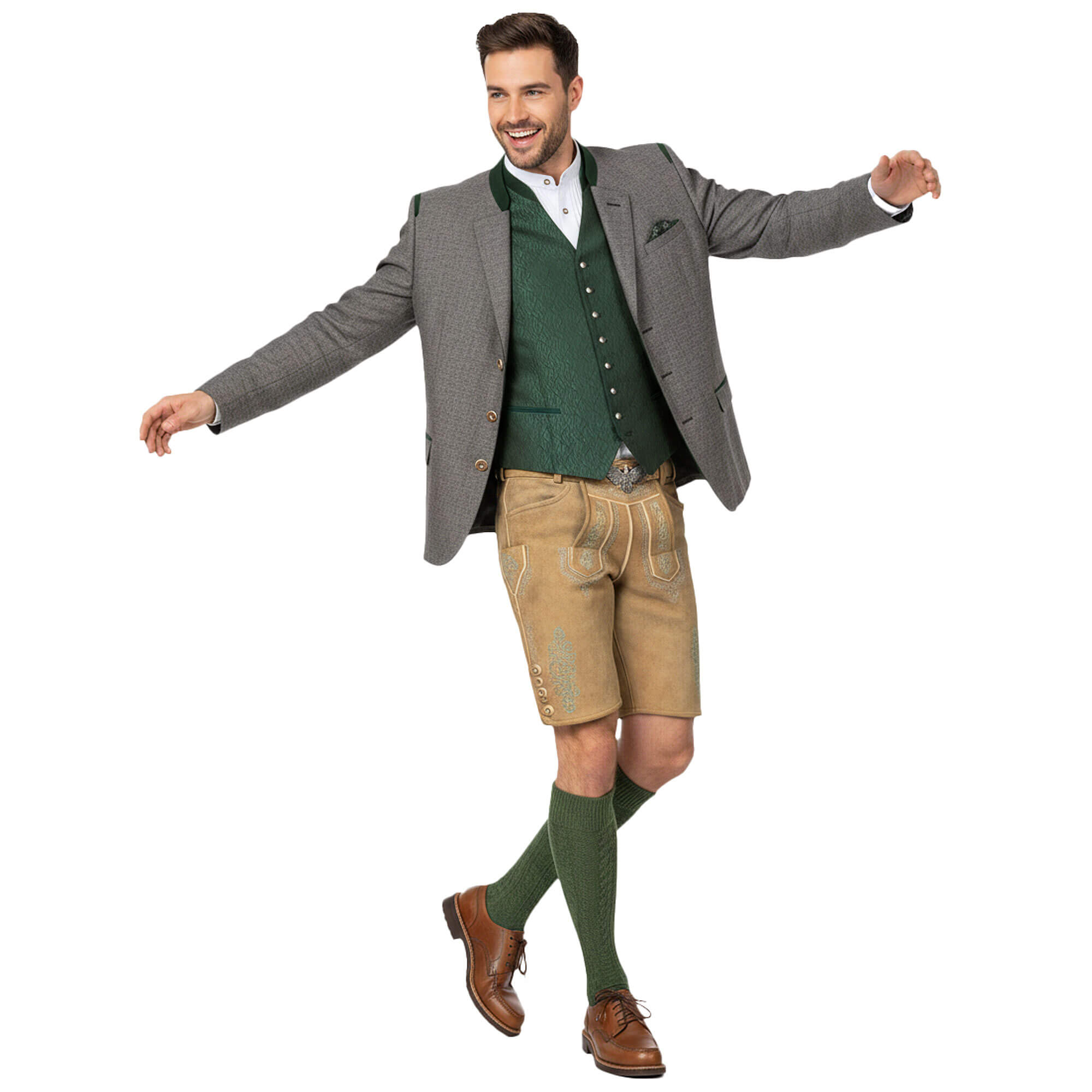 Vorderansicht des Herren Gilet "Ernesto" in der Farbe Dunkelgrün getragen von einem Model