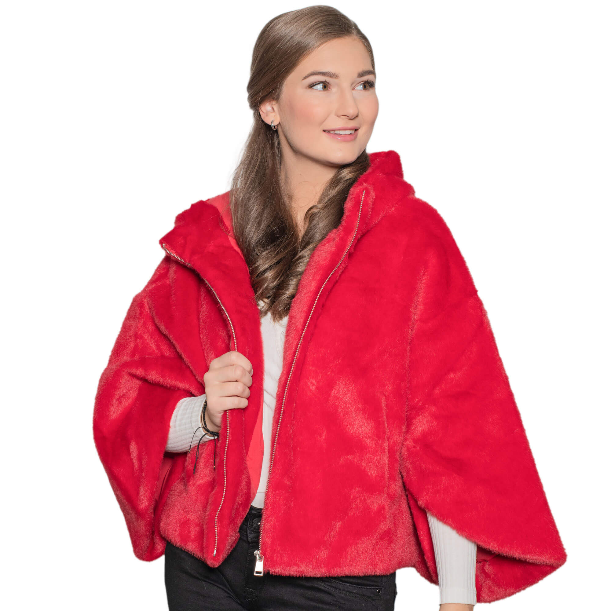 Vorderansicht der Damen Kuscheljacke "Penelope", in Rot, von einem Modell getragen 