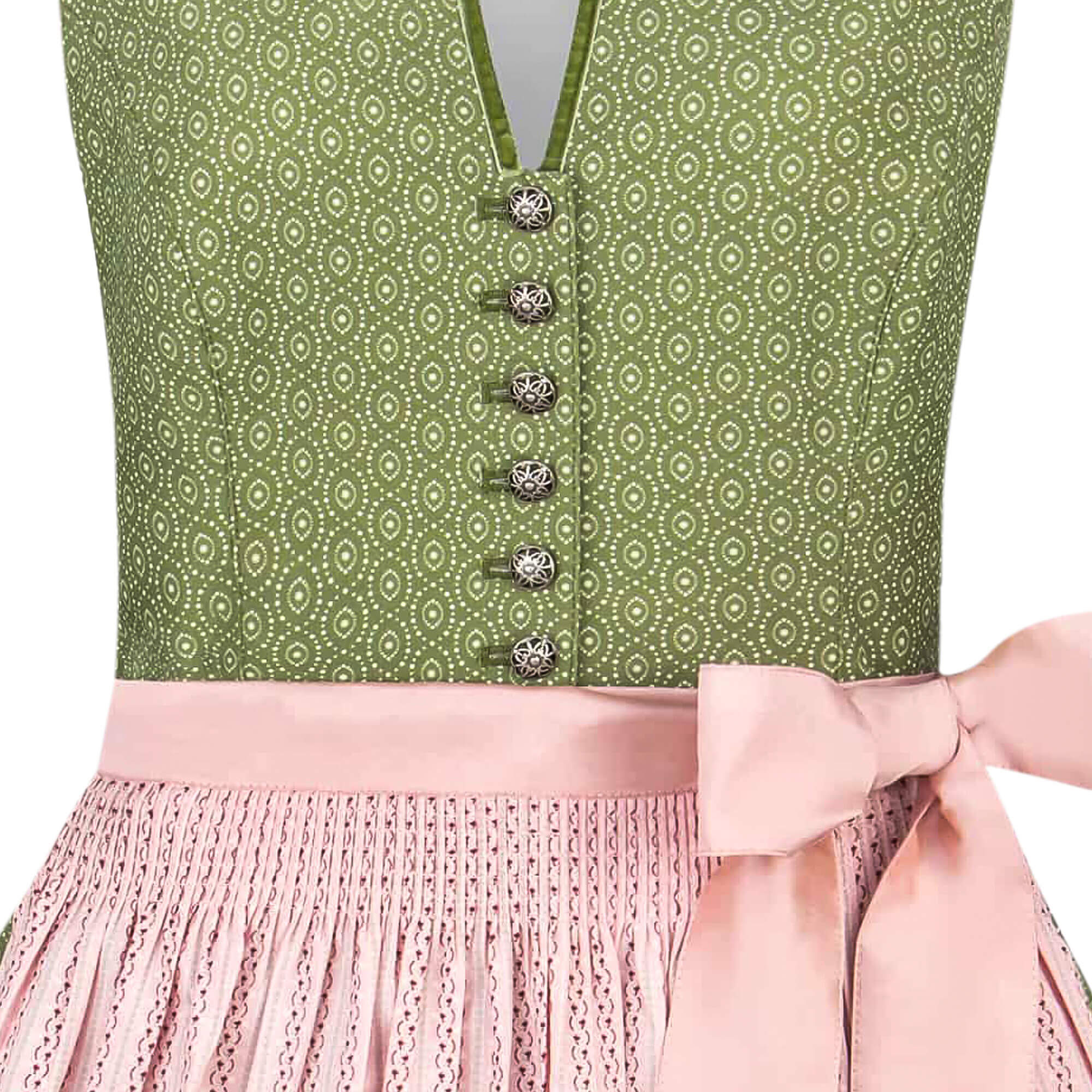 Detailansicht Vorderteil des Damen Dirndls "Nadja" in der Farbe Grün mit Schürze in Hellrosa