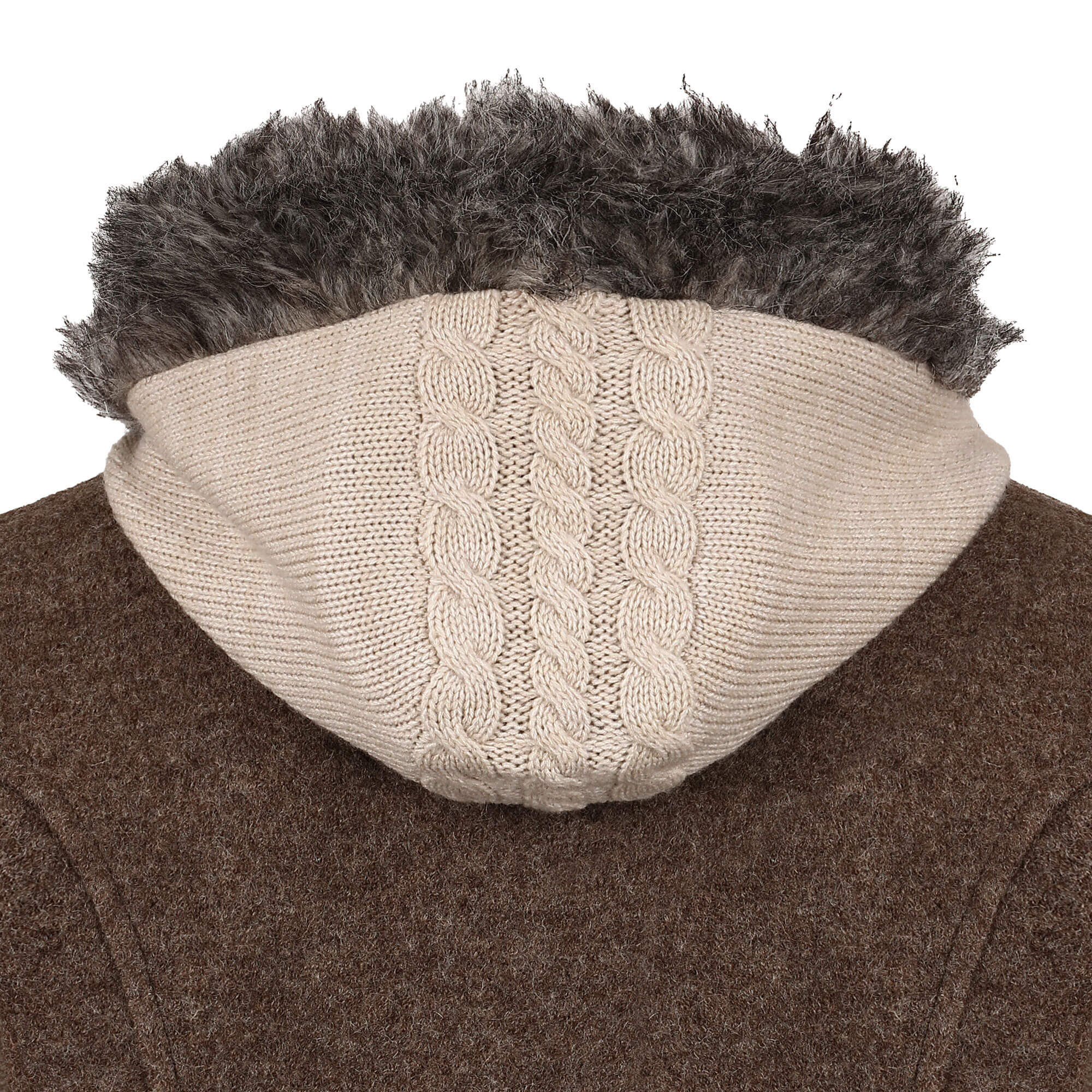 Detailansicht der Mädchen Strickjacke "Lucie", in der Farbe Beige-Braun, Kapuze Außen