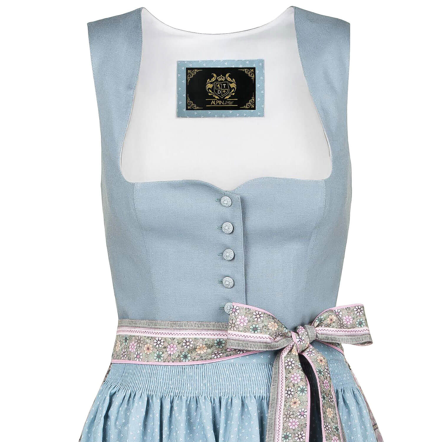 Detailansicht des Ausschnitts des Damen Dirndl "Margit" in der Farbe Hellblau