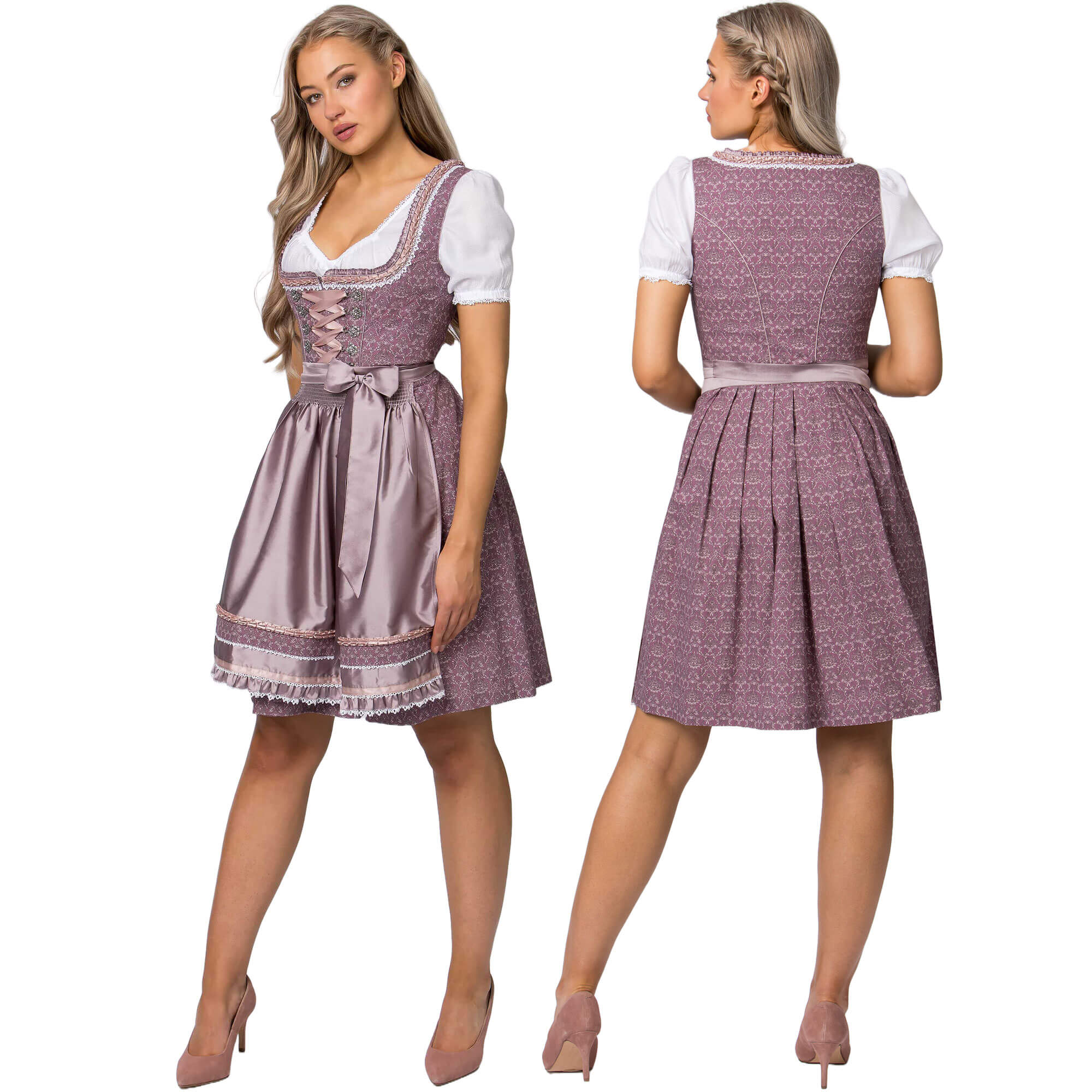 Vorderansicht und Hinteransicht des Damen Dirndl "Ruby" in der Farbe Rose