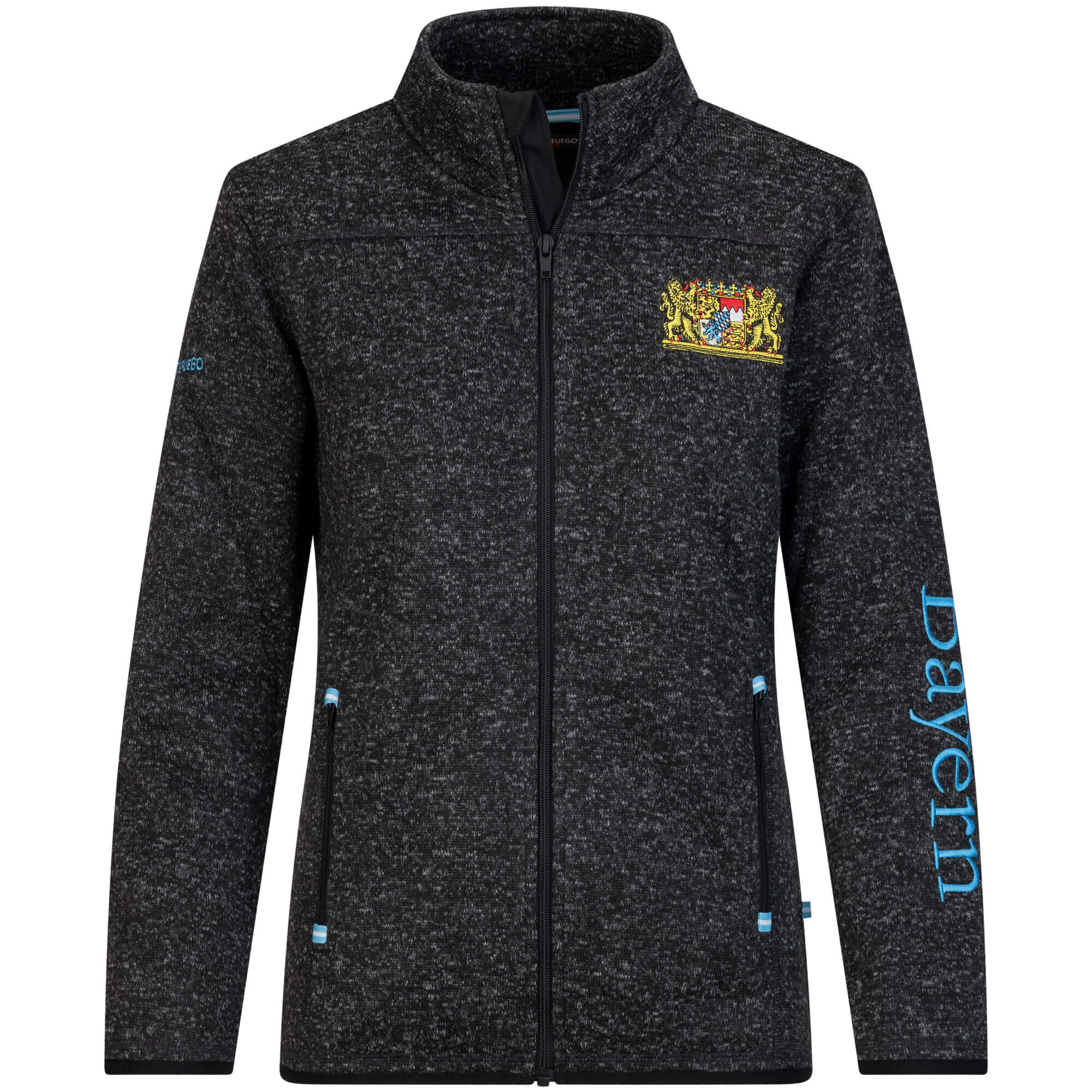 Vorderansicht der Damen Strickfleece Jacke "Bayern", in der Farbe Anthrazit, mit kleiner Wappen Stickerei