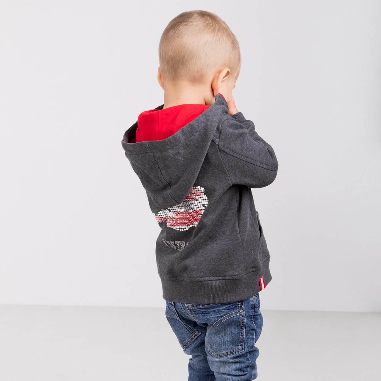 Hinteransicht der Kinder Hoddie Jacke "Austria", in Dunkelgrau, von Modell getragen