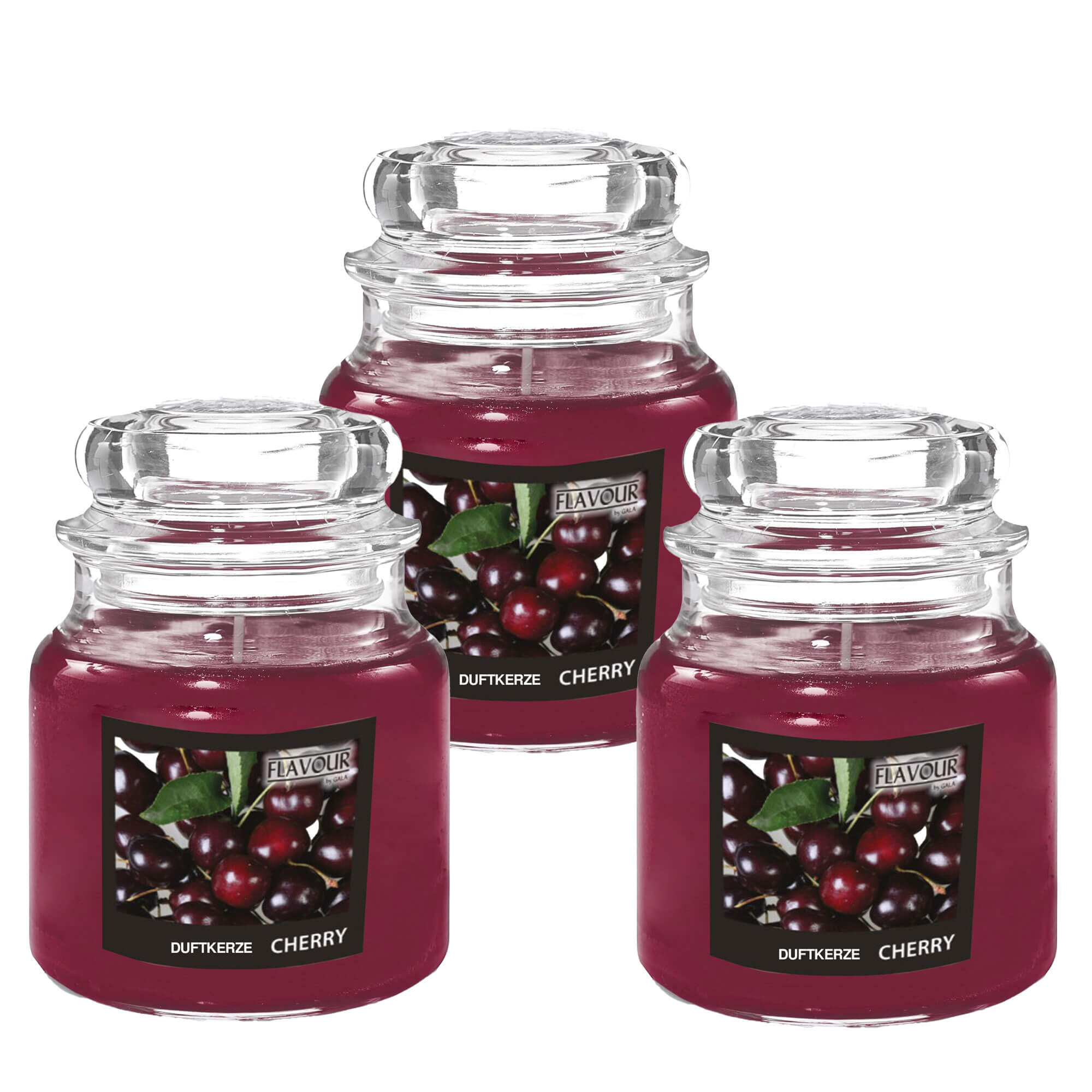 Vorderansicht der Duftkerze im Glas mit Cherry Duft, in der Farbe Dunkelrot, Drei Stück