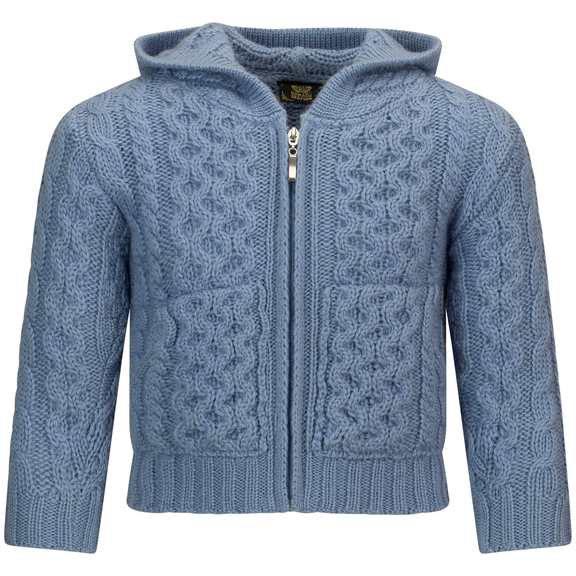 Vorderansicht der Kinder Strickjacke "Finn", in der Farbe Hellblau, mit Reißverschluss
