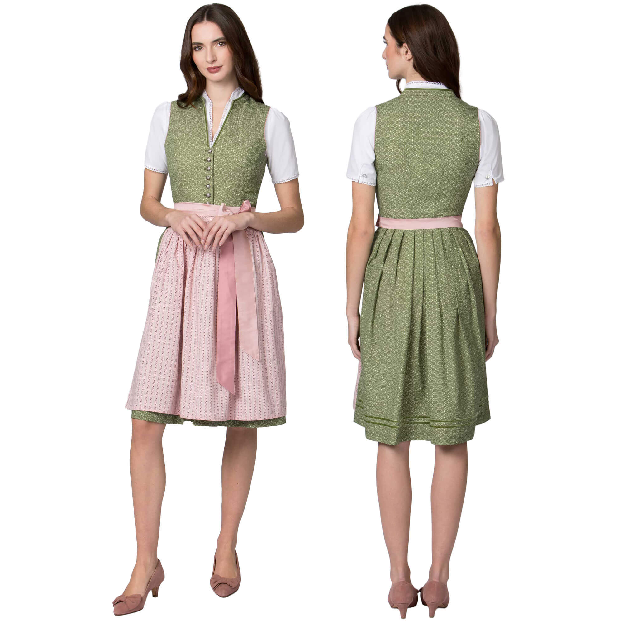 Vorder- und Hinteransicht des Damen Dirndls "Nadja" in der Farbe Grün mit Schürze in Hellrosa, von Model getragen