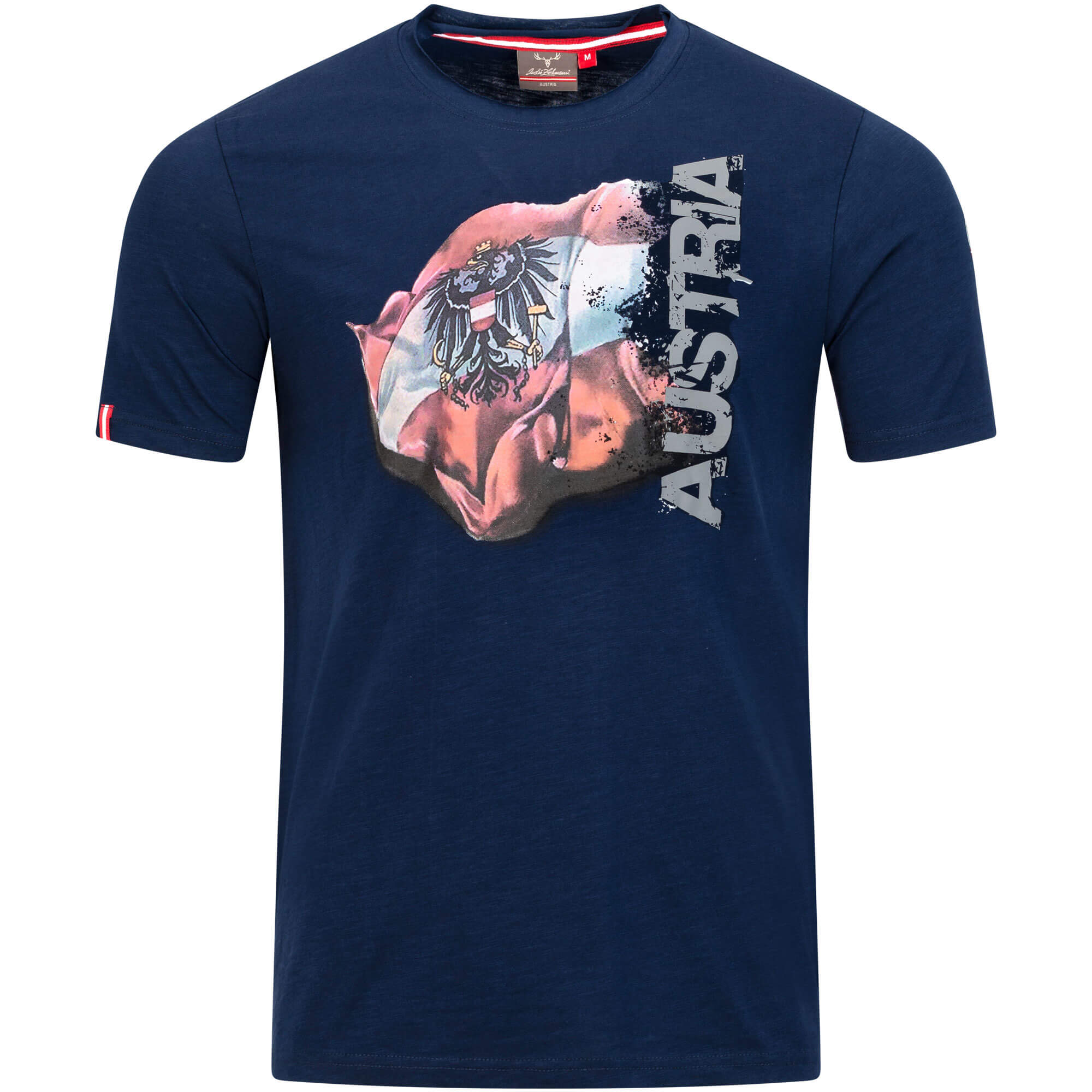 Vorderansicht des Herren T-Shirt "Austria", in der Farbe Blau, mit Austria Schriftzug, Flagge und Adler