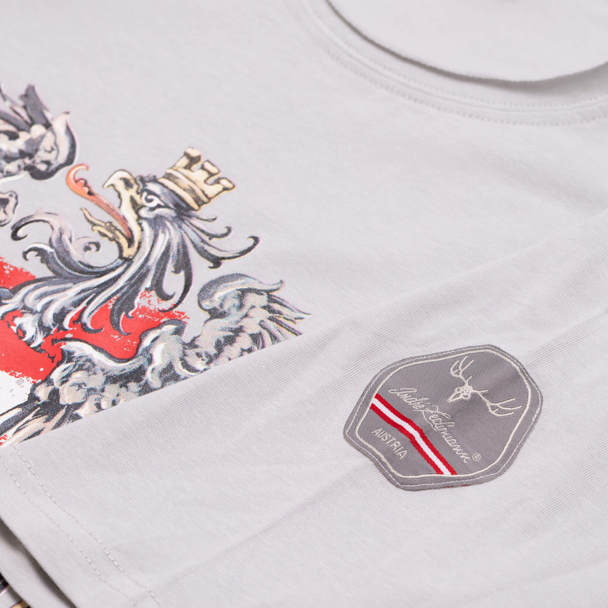 Detailansicht des Herren T-Shirt "Austria", in der Farbe Grau, mit Patch am Ärmel