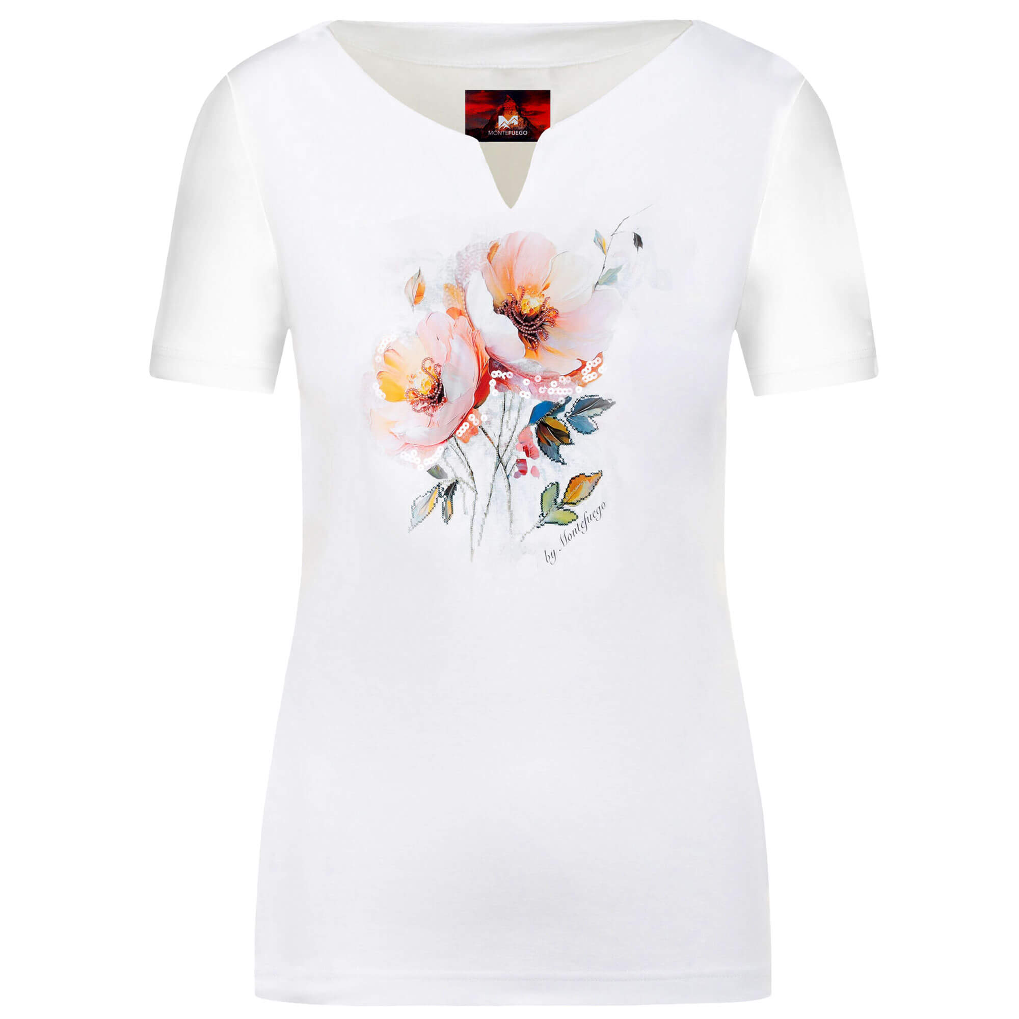 Vorderansicht des Damen T-Shirts "Blumen" mit blumigem Muster in der Farbe Weiß
