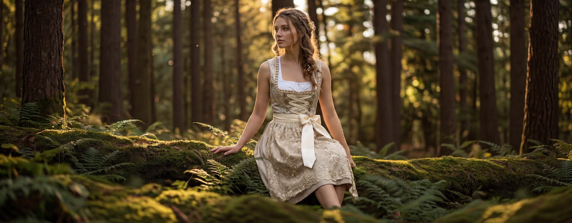 Dame mit hübschen Dirndl sitzend in einer Waldlichtung