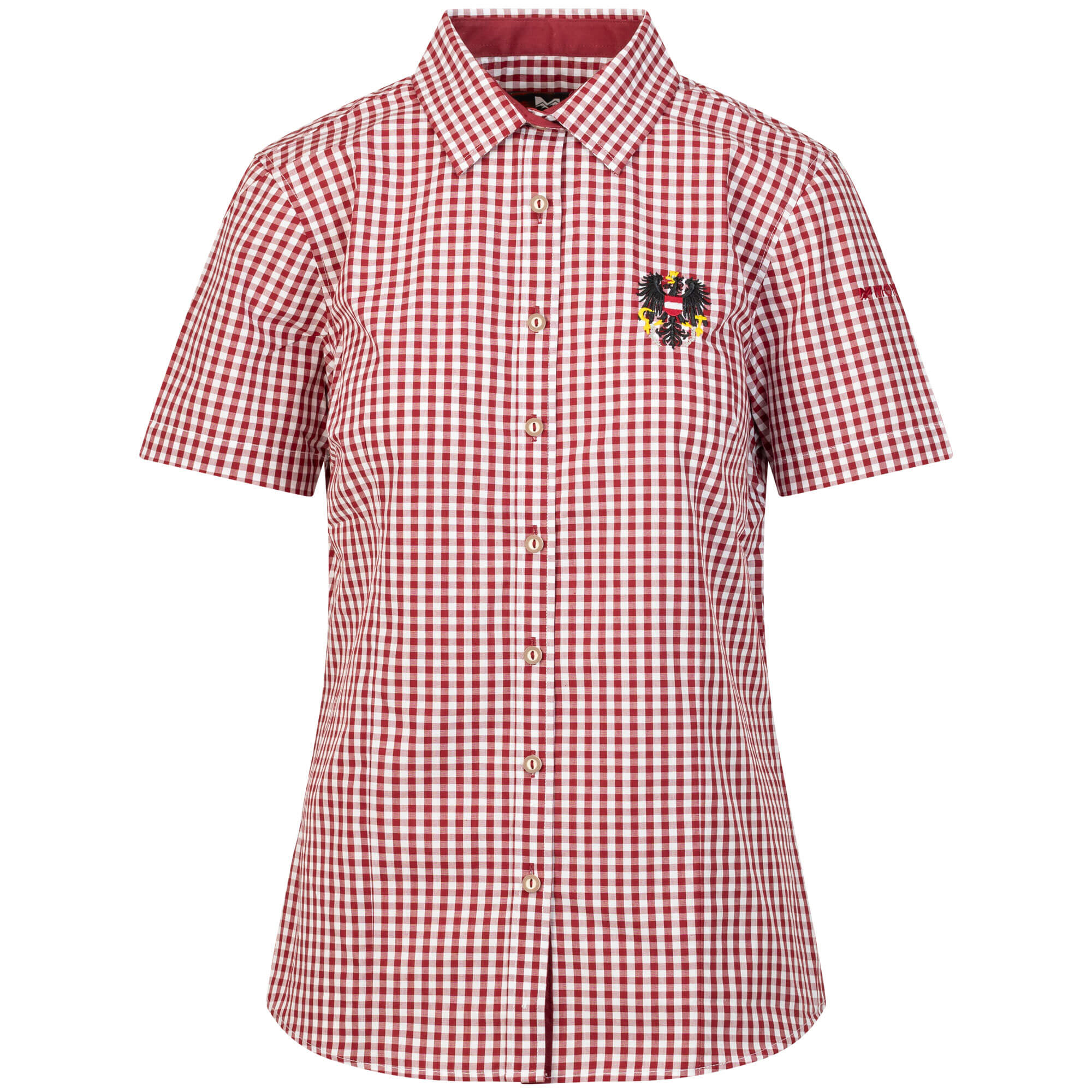 Vorderansicht der Damen Bluse "Austria", mit kurzem Arm, in der Farbe Dunkelrot-Weiß Kariert, mit kleiner Adler Stickerei