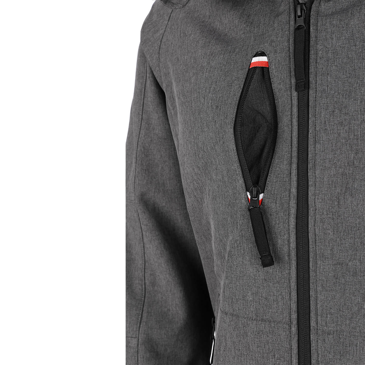 Vorderansicht der Herren Softshelljacke "Tirol", in der Farbe Grau, Brustasche Detail