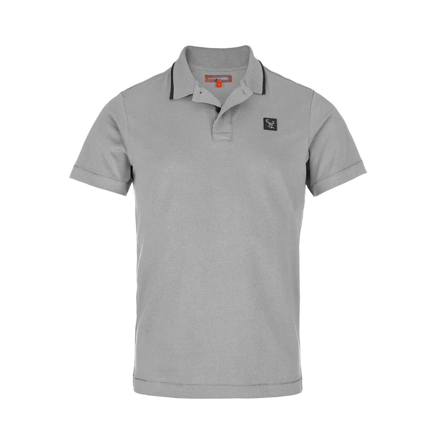 Vorderansicht des Poloshirt mit Hirsch Logo, in der Farbe Grau