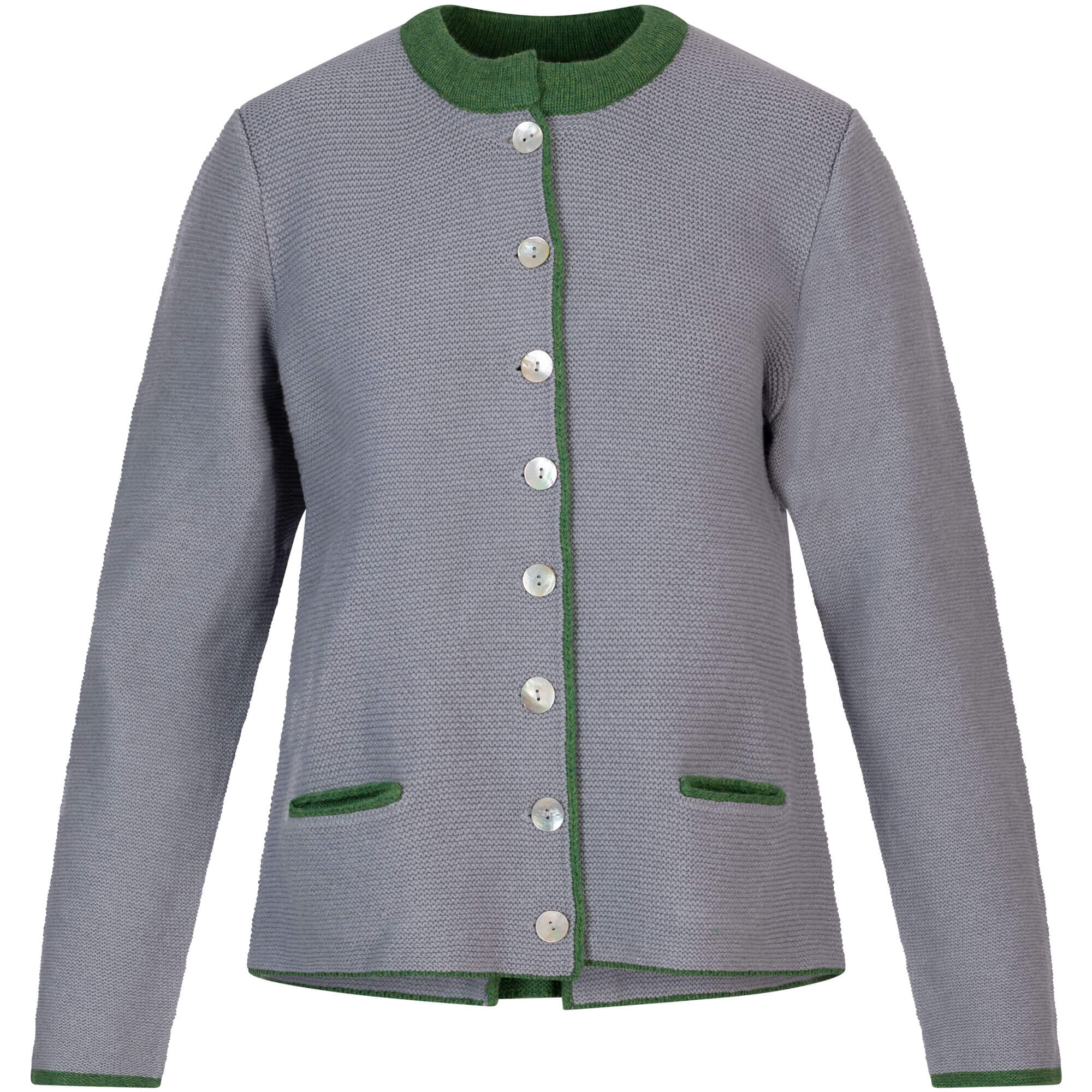 Vorderansicht der Damen Strickjacke "Attersee", in der Farbe Grau-Grün, mit Knopfleiste