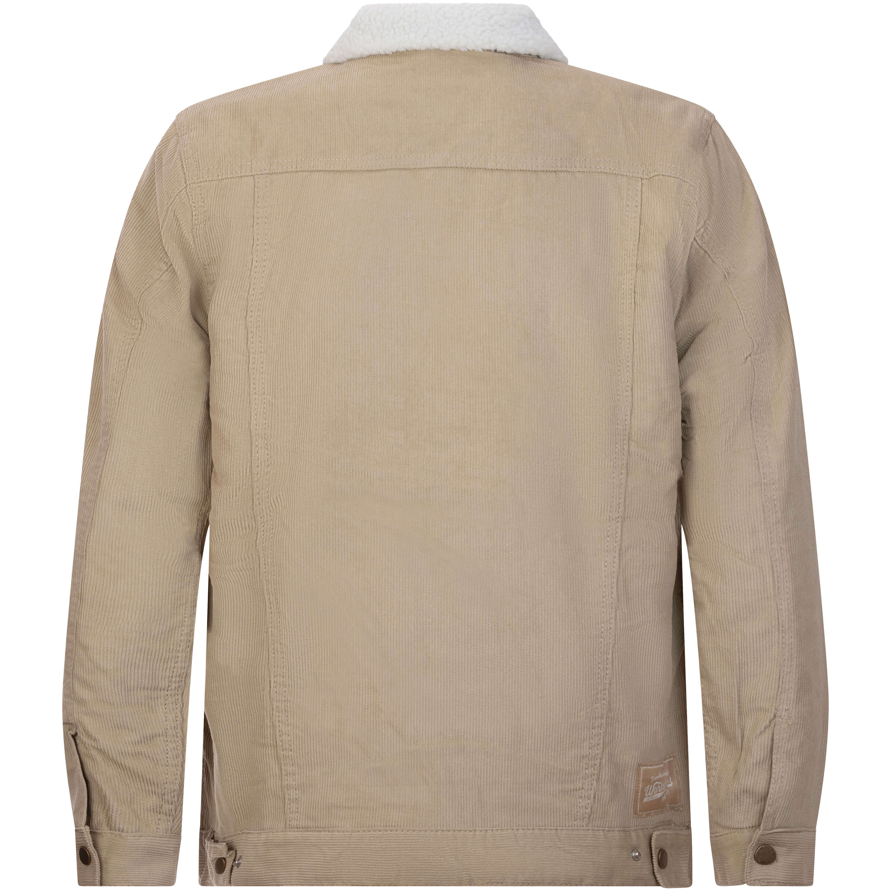 Rückansicht der Herren Cordjacke mit weißem Teddyfutter in der Farbe Khaki