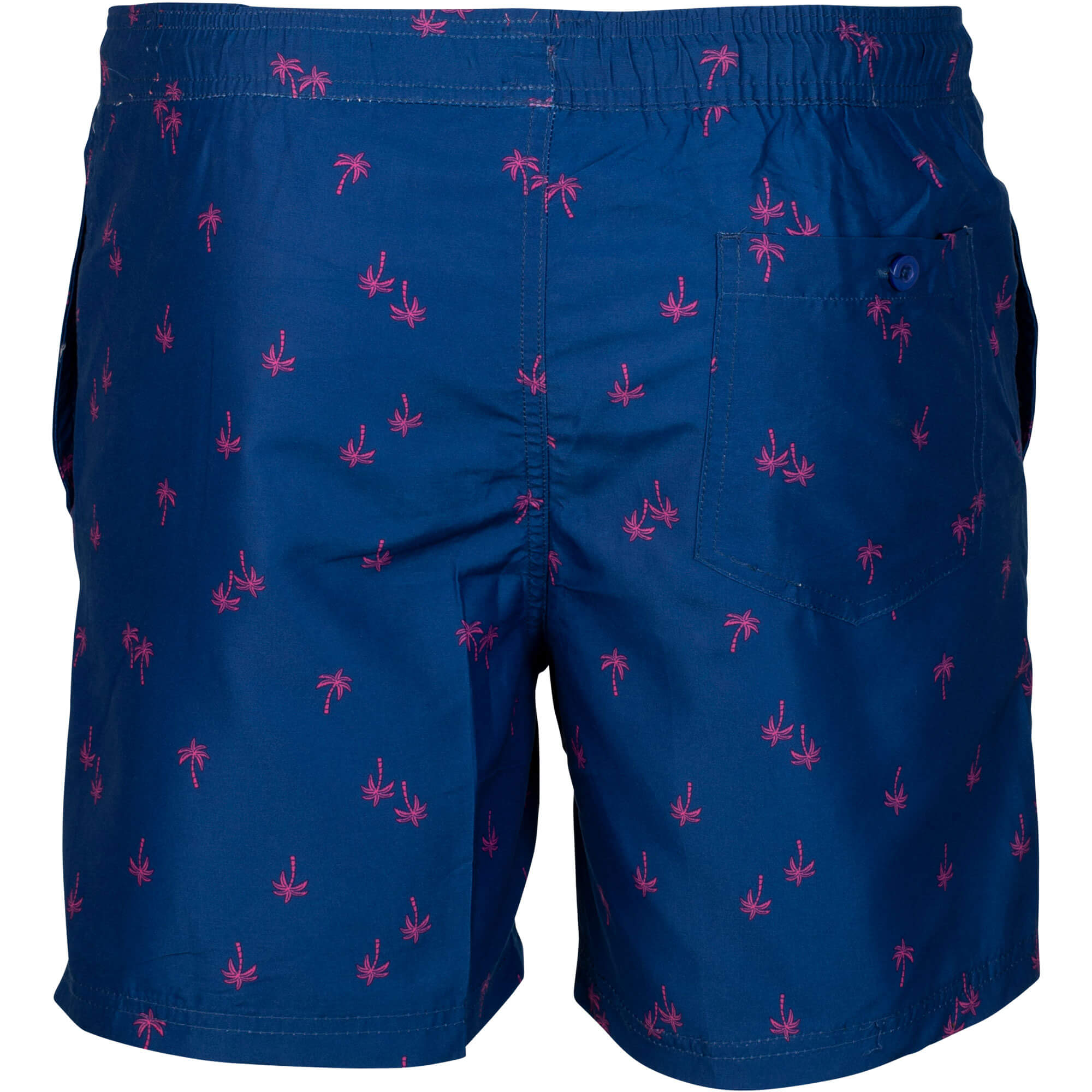 Rücksansicht Badehose Holiday, in der Farbe Blau, mit Palmen bedruckt