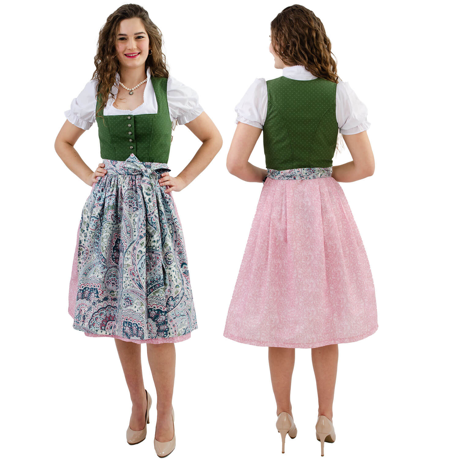 Ansicht des Damen Dirndls "Lea", in der Farbe Dunkelgrün-Rosa, von Modell getragen, ganz drauf, Vorne und Hinten