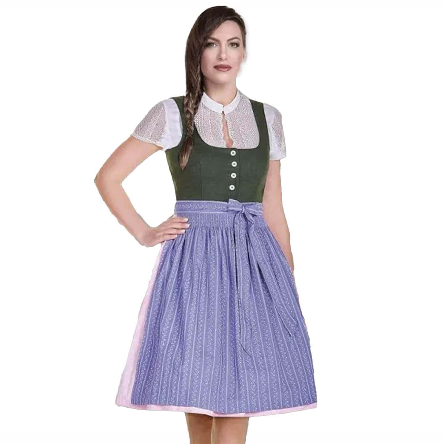 Vorderansicht des Damen Dirndl "Ausseer" in der Farbe Grün-Violett, mit Rocklänge 60 cm, Modell