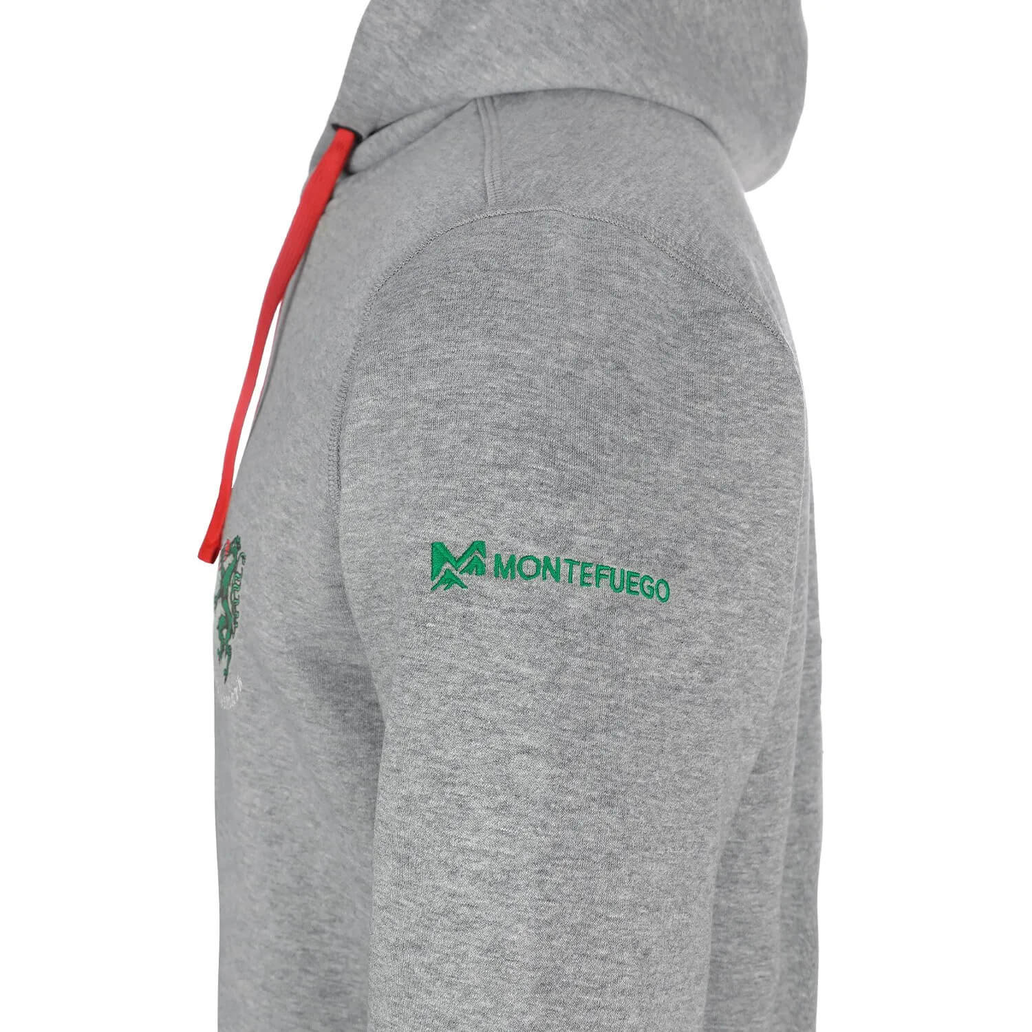 Seitenansicht des Herren Hoodies "Steiermark", in der Farbe Grau, Detail Stickerei