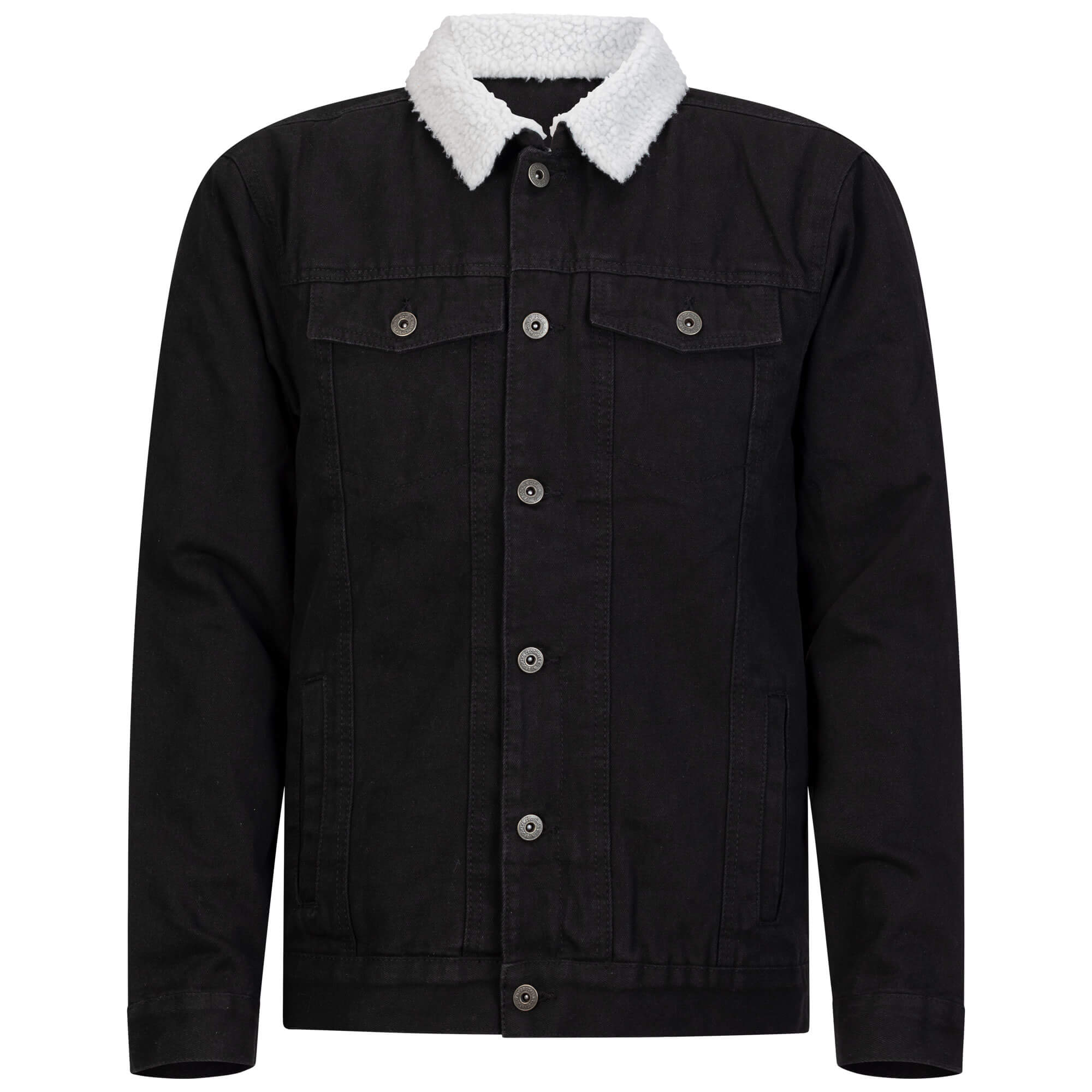 Vorderansicht der Herren Jacke in Jeans-Optik mit Teddy Innenfutter, Rinse washed, in der Farbe Schwarz 