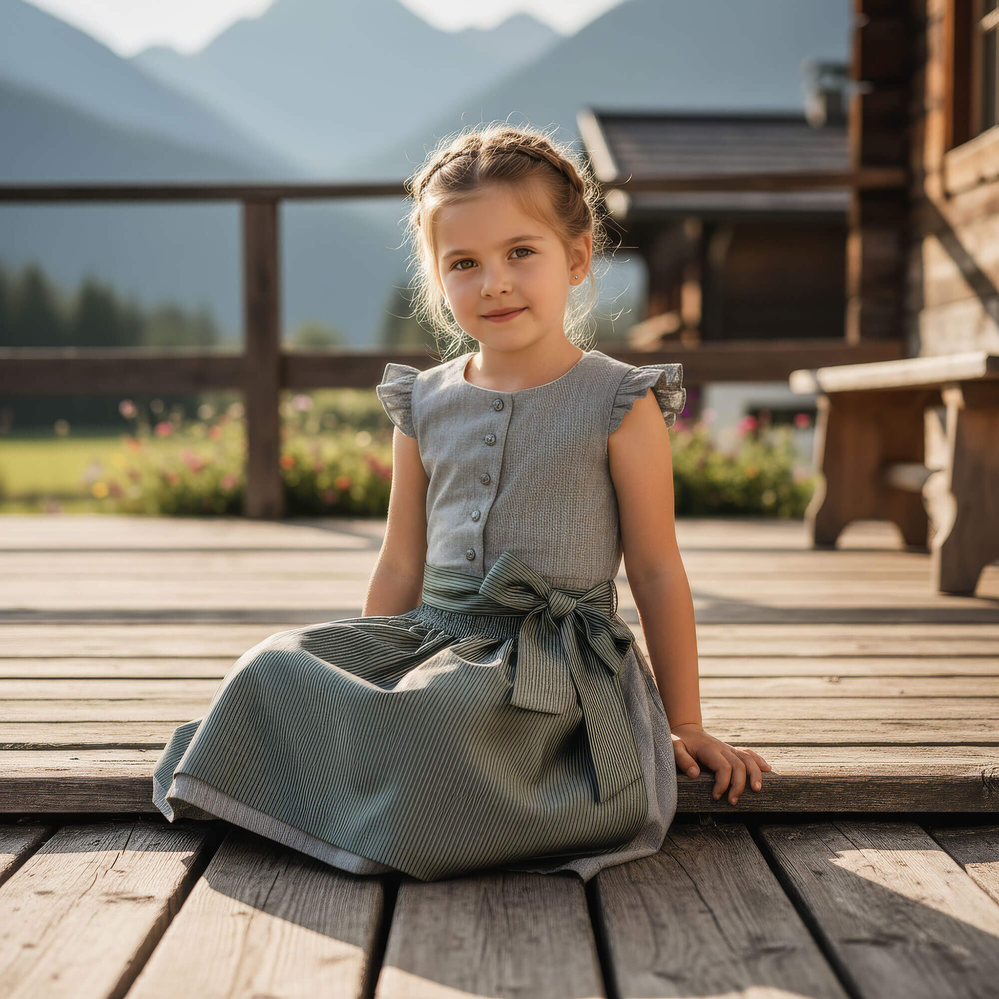 Kinder Dirndl "Emma" in der Farbe Salbei-Grün, getragen von einem Mädchen, sitzend
