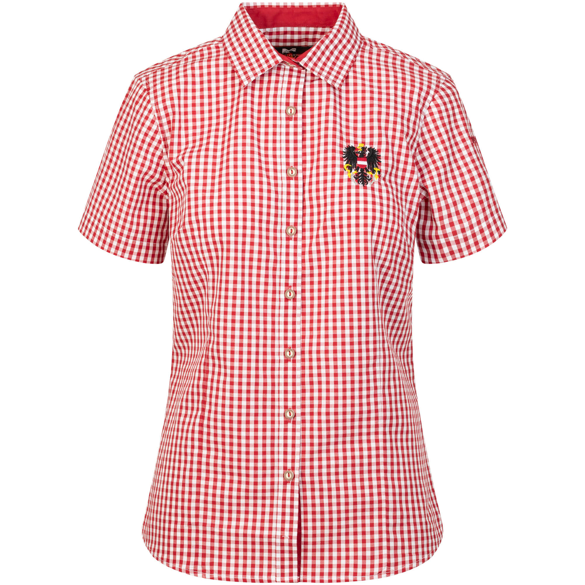 Vorderansicht der Damen Bluse "Austria", mit kurzem Arm, in der Farbe Rot-Weiß Kariert, mit kleiner Adler Stickerei