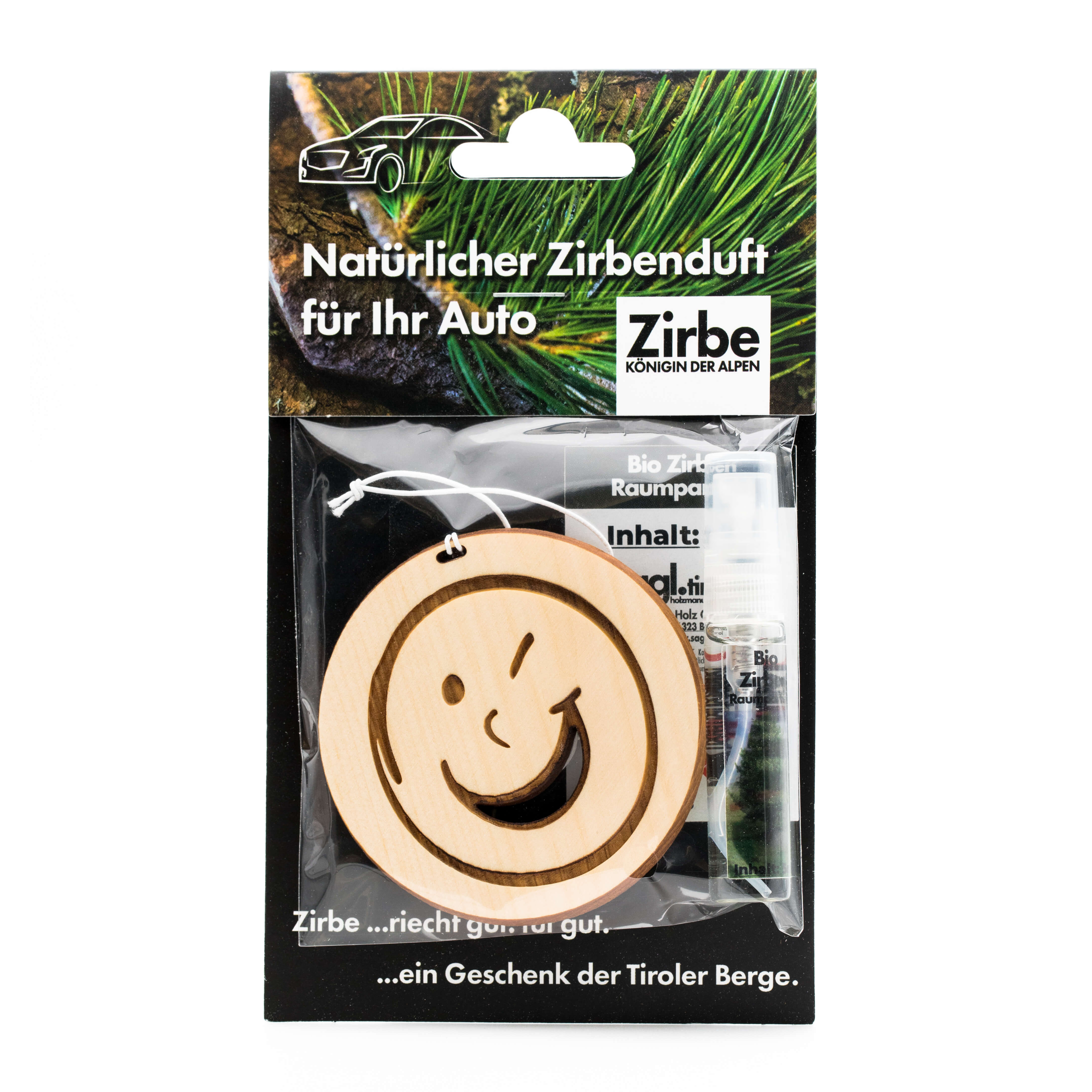 Autoduft aus Zirbe "Smiley", Ansicht von Vorne