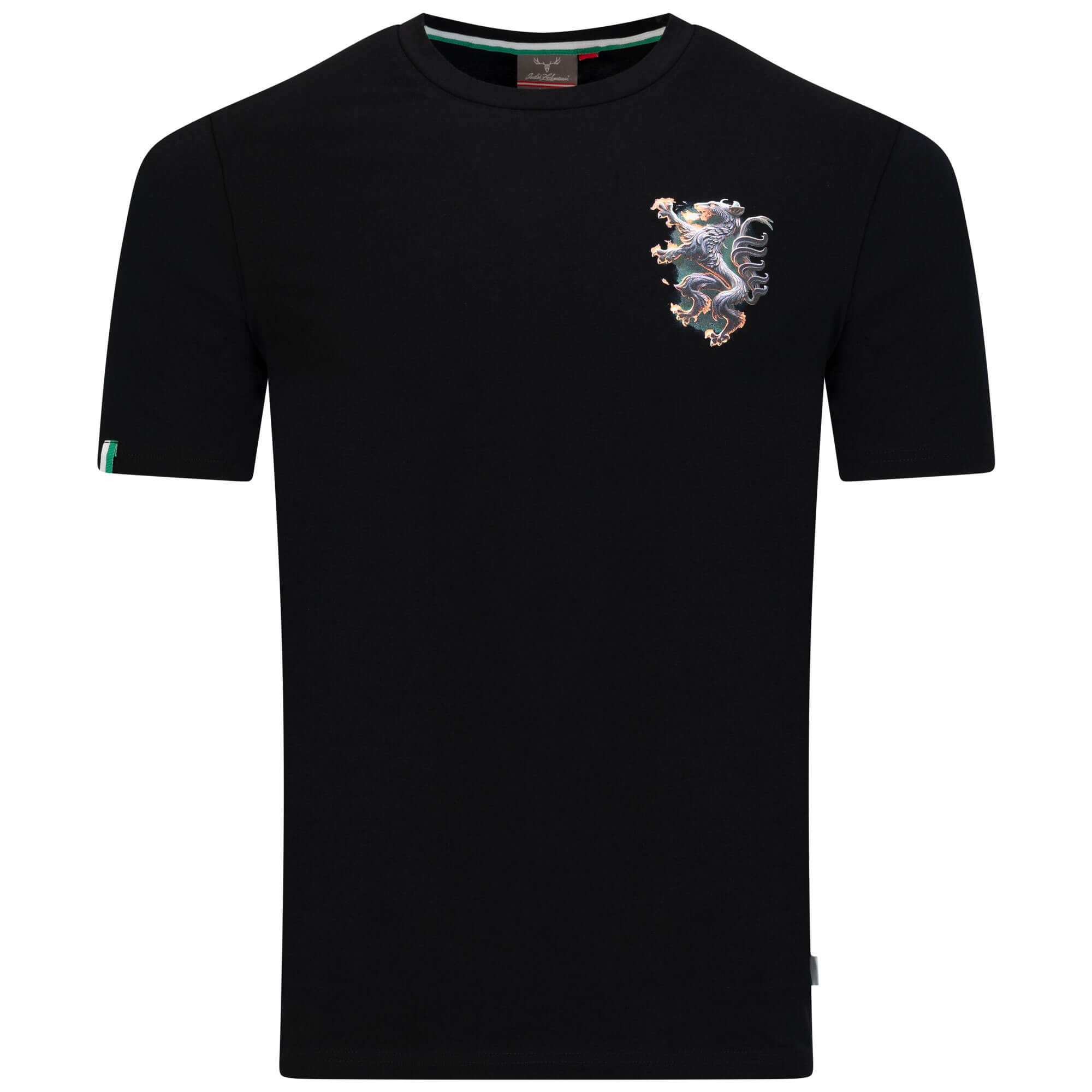 Vorderansicht des Herren T-Shirt "Steiermark", in der Farbe Schwarz, mit Panther Aufdruck und Schriftzug